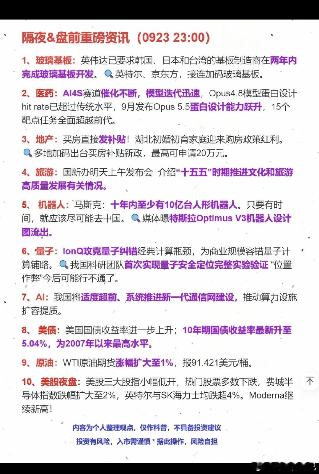 9.24周四  隔夜财经热点+要闻汇总！

1.玻璃基板
2.医药
3.房地产链
4.机器人
5.量子技术#美科技股集体大跌# ​