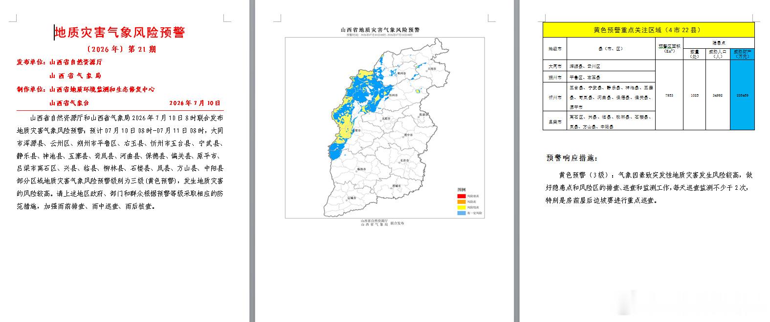 山西省自然资源厅和山西省气象局2026年7月10日8时00分联合发布地...