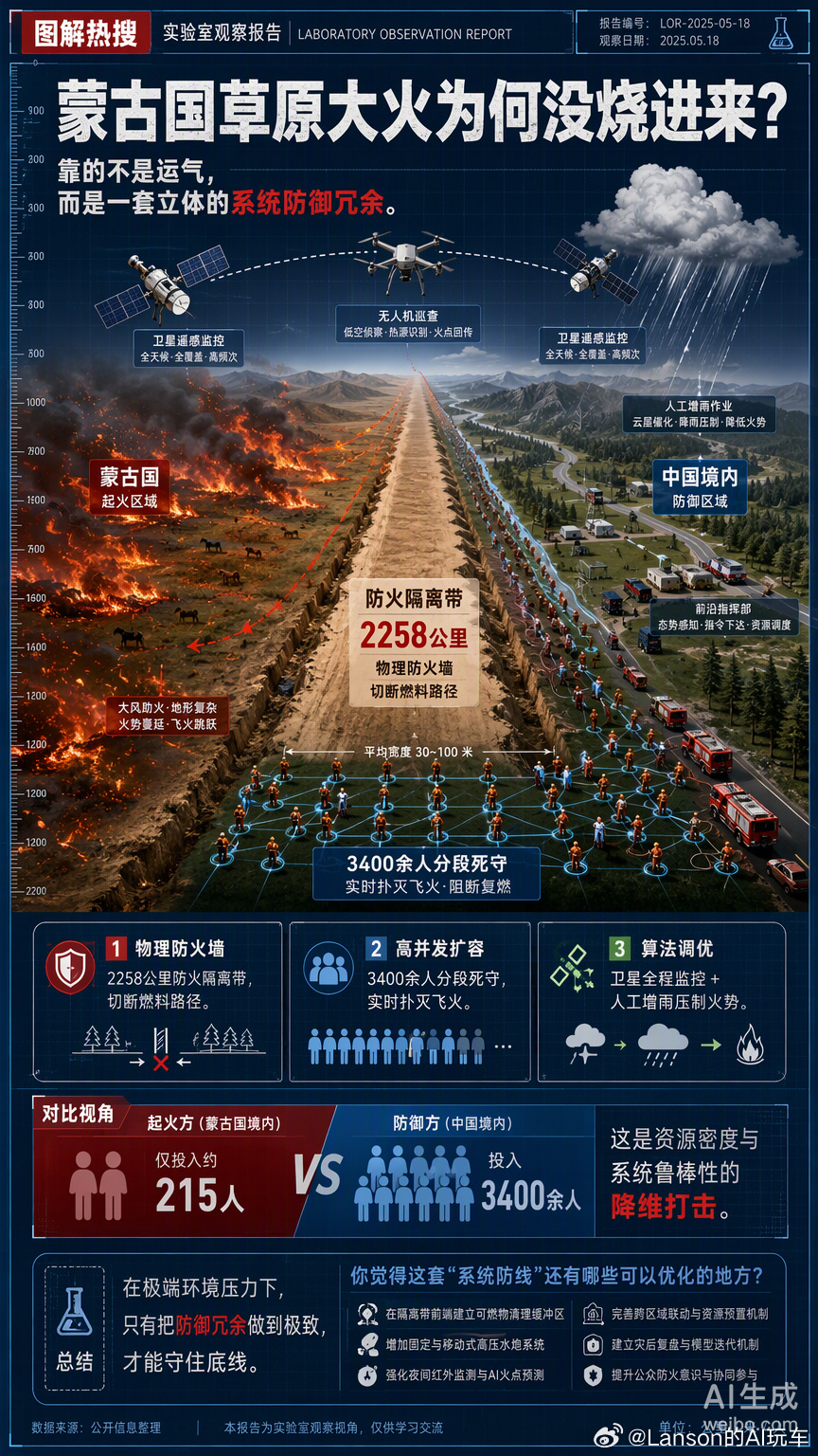 蒙古国大火没烧进来，不是靠运气，是靠一套立体的“系统防御冗余”。

在自然界的随机变量面前，单纯的人力防守往往有极限。我们修筑的2258公里防火隔离带，本质上是在物理层给边境装了一道“防火墙”，通过切断燃料这种底层逻辑，让火势这个失控程序直接断掉连接。

而3400余人的分段死守和全天候卫星 ​