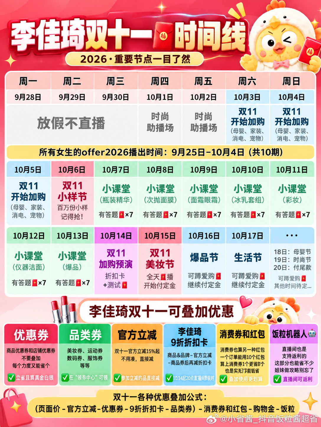 2026 双十一李佳琦🧧🌧️大家提前安排好时间哦，单号预计可抢200左右(╹◡╹)

具体节奏看图2，重点⬇️

⏰10.6｜小样节
预计下午17:00开播

📝10.7‑10.13｜每日答题🧧
每晚19点，一共7道题目（单选、多选都有）

🛒10.14｜加购预演
发啵啵间9折⭕️可叠小省酱返利，会有测试🧧🌧️

 ​