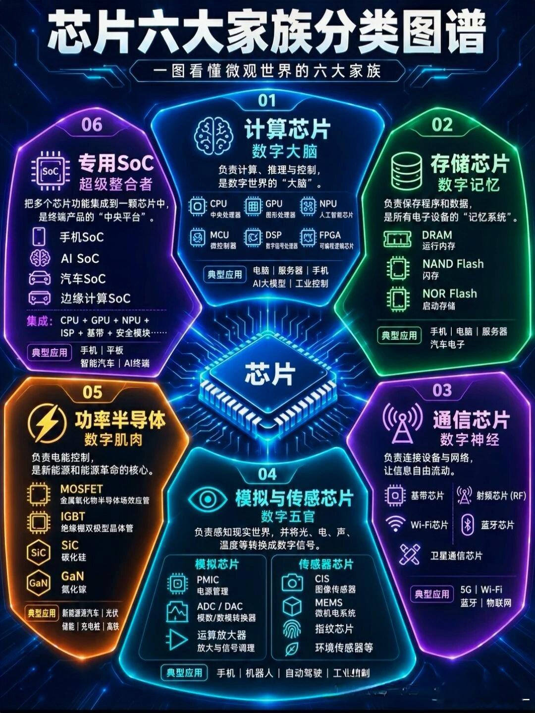 芯片六大家族分类图谱

🔹01｜计算芯片｜数字大脑
负责整套设备的计算、推理与逻辑控制，相当于数字世界的大脑。
包含CPU、GPU、NPU、MCU、DSP、FPGA。
广泛用在电脑、服务器、手机、大模型训练以及各类工业控制设备。

🔹02｜存储芯片｜数字记忆
专门保存程序与各类数据，是电子设备的记忆系统。
 ​