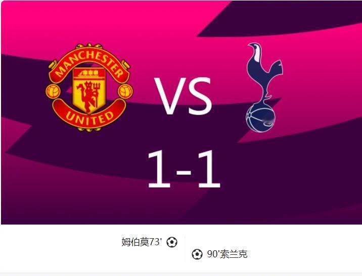 北京时间2026年10月11日00:30，曼联在英超迎战托特纳姆热刺。上半场比赛，双方均无建树。下半场比赛，姆伯莫低射远角破门首开记录，本坦库尔被直红罚下，索兰克头球破门扳平比分。最终全场比赛结束，曼联与热刺1-1战平。

#曼联1比1热刺##曼联遭热刺绝平# ​