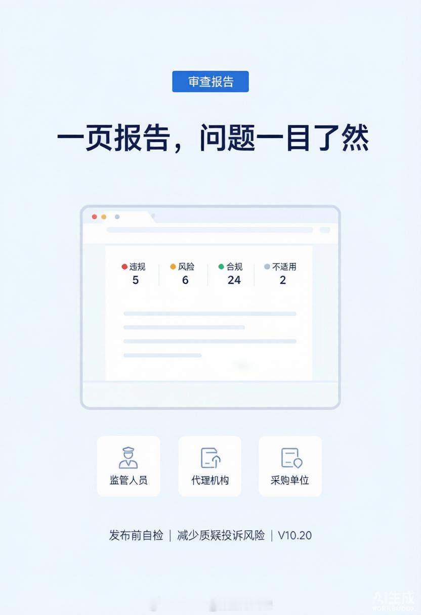 以往政府采购文件发布前，首先先自己过一遍。当然人工也能看出来一些问题，现在 Ai 技术越来越发达，我在空余时间利用 Ai 工具辅助做了个《政府采购文件合规性审查技能》，具体包括 37 项审查规则逐条比对，每条结论落到具体条款和法条原文，四类判定——违规 / 风险 / 合规 / 不适用，最后输出单文件  ​
