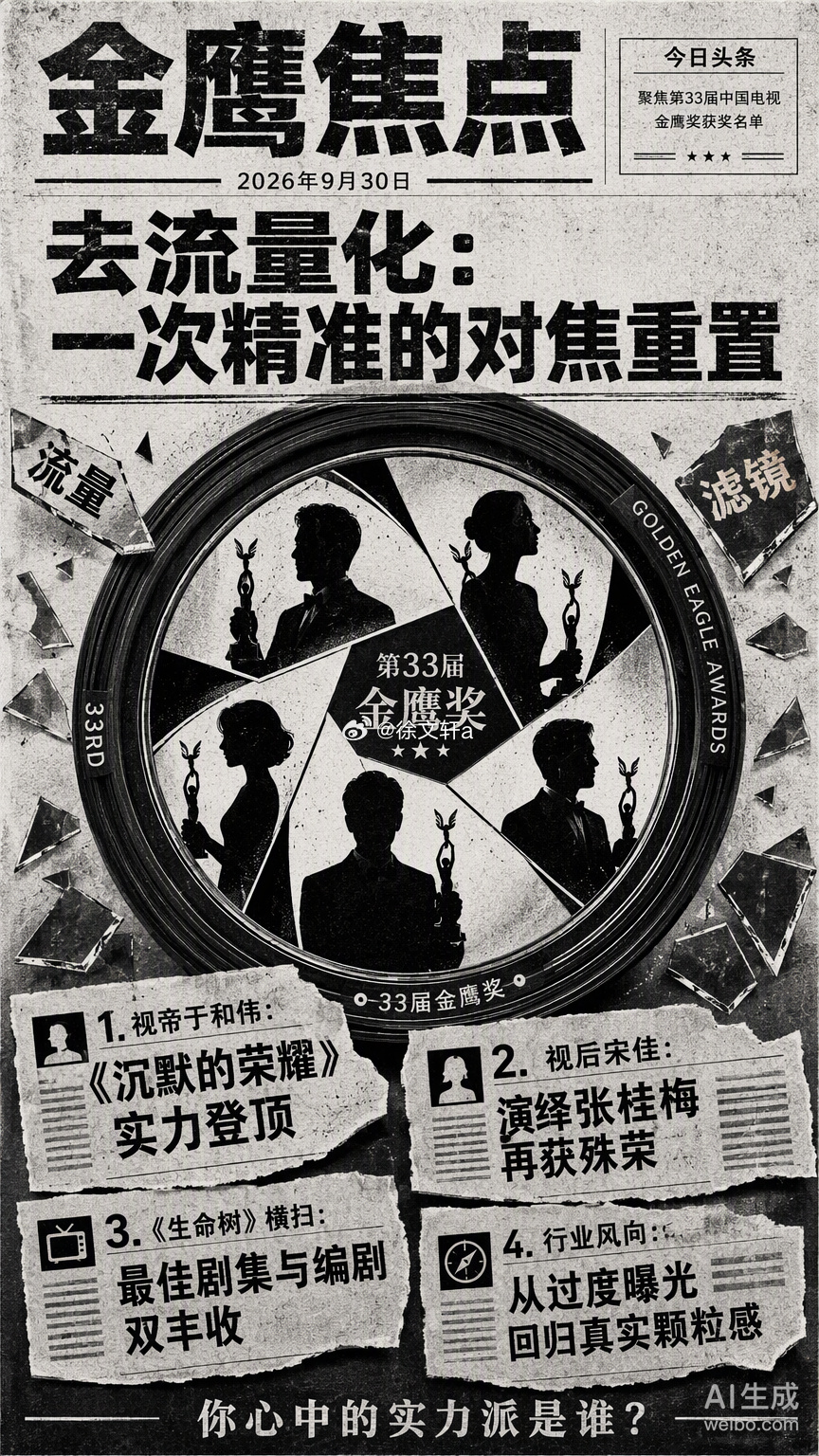 第33届金鹰奖的获奖名单。

于和伟拿下视帝，宋佳凭借张桂梅一角再封视后，《生命树》更是横扫了最佳电视剧、编剧和女配等多个核心奖项。在业内看来，这不仅是实力的胜利，更是一次对“取景框”逻辑的重置。

过去的颁奖礼，镜头往往被自带高光滤镜的顶流占据，画面虽然明亮，却容易因为过度曝光而失去 ​