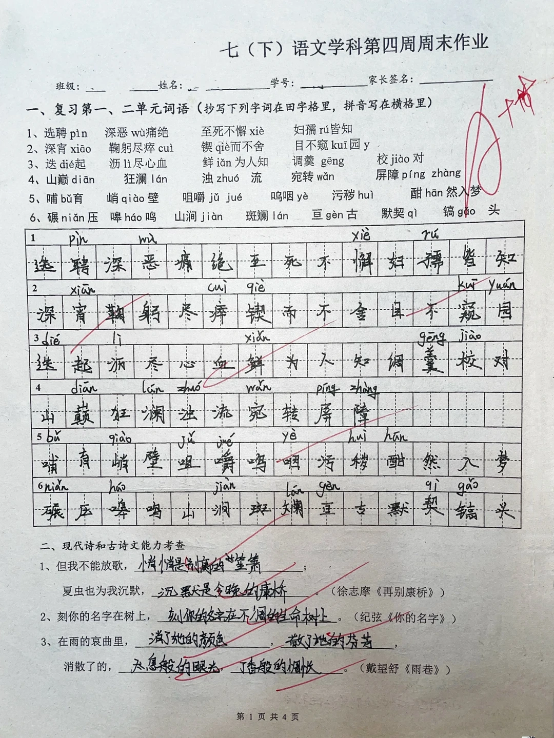 七年级下册，语文第四周作业试卷