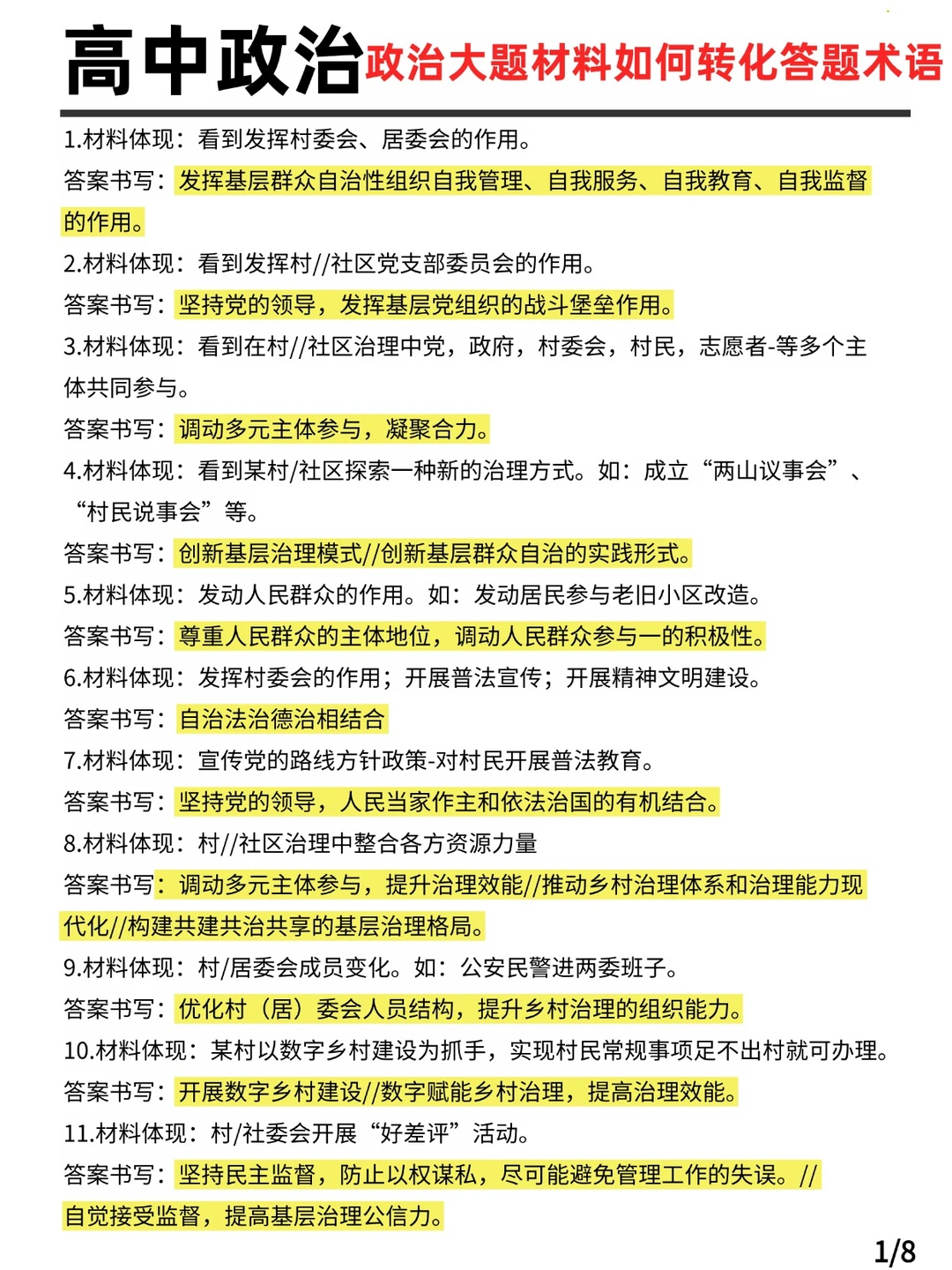 高中政治政治大题材料如何转化答题术语