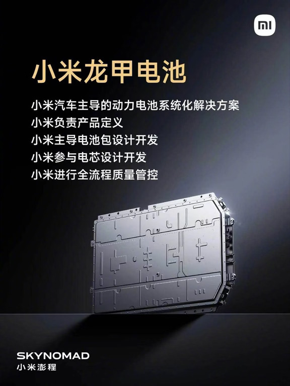 小米龙甲电池体系，是小米汽车主导的动力电池系统化解决方案。
	
小米负责产品定义，主导电池包设计开发，深度参与电芯设计开发，并负责全流程的质量管控。
	
从底层技术出发，打造远超国标的高安全电池。 ​​​