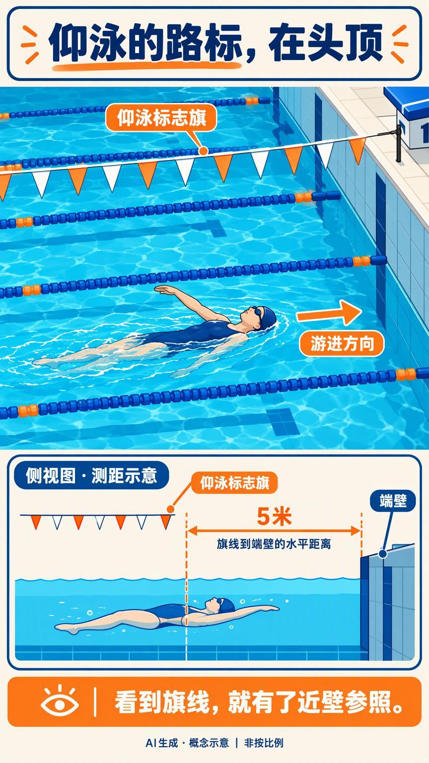 仰泳看不见身后的池壁，怎么还敢往后冲？

#仰泳头顶的旗子不是装饰#
别人游泳往前看，仰泳选手脸朝上，接近池壁还敢继续划。这画面是不是有点像倒车不看后面？回看2026年爱知·名古屋亚运会仰泳，头顶那排小旗子值得单独一个镜头：看着像布置气氛，其实是近壁参照。

先把“看不见”说准确：仰面游进时 ​