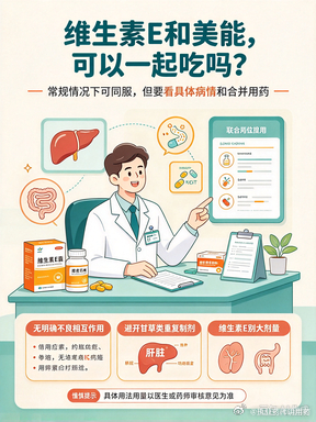 用药指南 ==药物同用的问题提问：维生素E和美能可以一起服用吗？回答：这两个药物是可以一起服用的。美能主要用于治疗治疗慢性肝病，改善肝功能的异常，有时可用于治疗湿疹、皮肤炎、斑秃，主要的配伍禁忌为与利尿剂合用会出现水电解质的紊乱乃至发生低血钾症，还会与一些抗菌药物合用发生心脏毒性反应，但未见与维生素的不良反应。而维生素E是最为常见的脂溶性维生素，主要的配伍禁忌是与一些含金属离子的药物会发生作用，另外也要避免与阿司匹林、维生素K、洋地黄类药物、新霉素或雌激素同服。在这两种药物的合理用药上，建议：1.美能含甘草酸苷，所以不宜与含其它甘草的制剂合用（如甘草合剂），以免出现假性醛固酮增多症。2.其实食物（如：杏仁和榛子等坚果、红棕榈油和橄榄油等油脂、菠菜和梨等蔬菜水果）都富含维生素E，可以从中摄取，当然为了更好地吸收维生素E，可以适量吃一些含有脂肪的食物。3.维生素E对人体好处多多，但也绝不能随意、大剂量服用，滥用维生素E对身体不仅无益，而且非常有害。4.维生素E能保护人体内不饱和脂肪酸免...