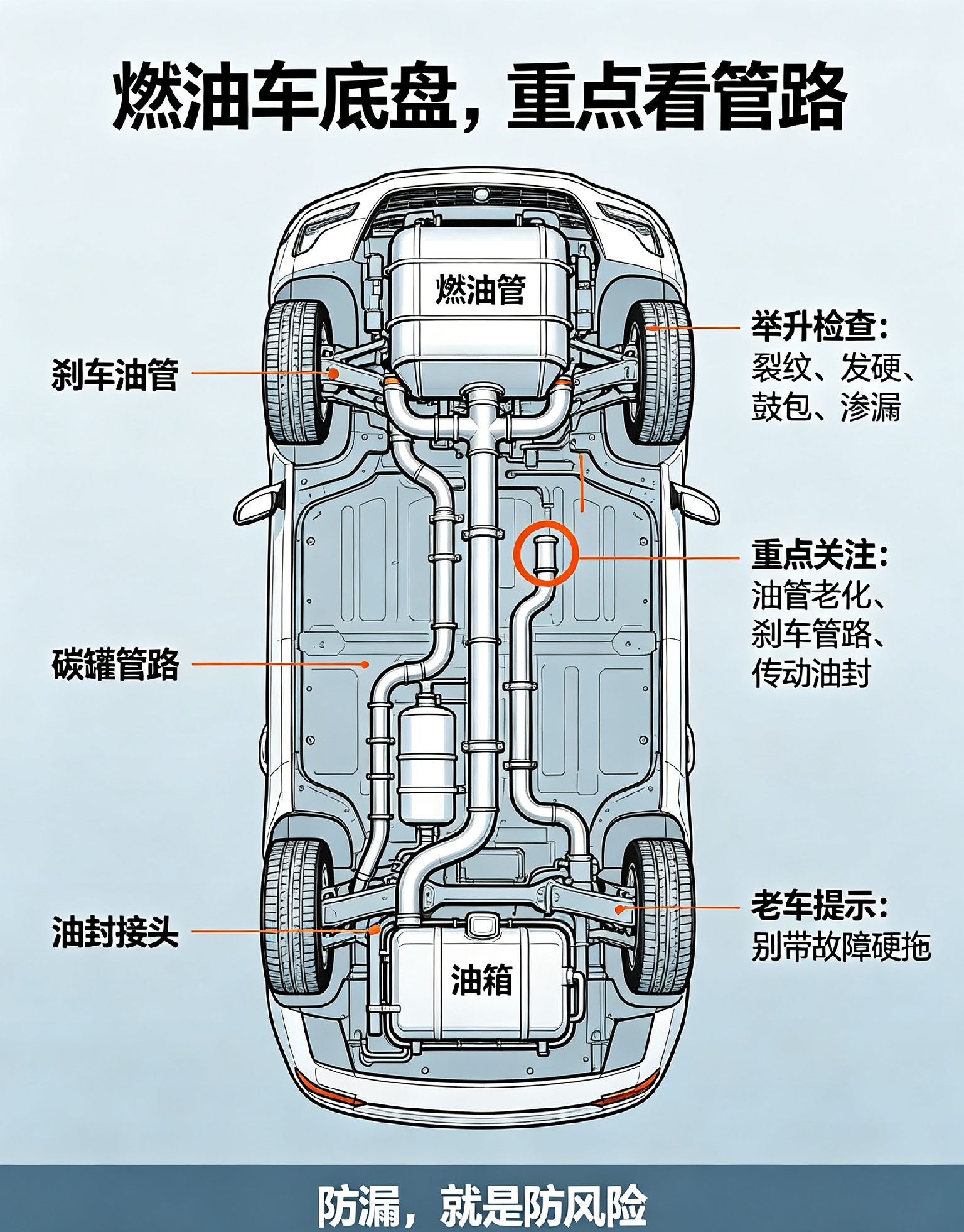 燃油车和电车底盘，养法真不一样
 
燃油车底盘像机械迷宫，电车底盘像高压电池堡垒。
一个重点防漏防燃，一个重点防撞防电，养护逻辑完全不同。
 
🚗 燃油车底盘：管路多，最怕渗漏老化

燃油车底盘有排气管、油箱、燃油管、刹车油管和传动部件。
养护重点是举升检查油路、刹车管路和油封接头。
发现裂纹、发硬