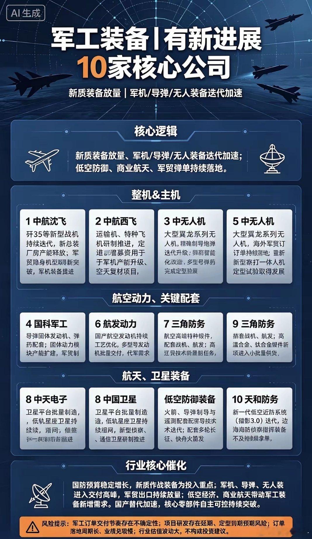 军工装备｜有新进展10家核心公司
​核心逻辑：新质装备放量、军机/导弹/无人装备迭代加速；低空防御、商业航天、军贸订单持续落地，十五五装备采购稳步推进
✅整机&主机
​1. 中航沈飞
歼35等新型战机持续迭代，新总装厂房产能释放；军贸隐身机型取得新突破，军机交付提速。
​2. 中航西飞
运输机、特 ​