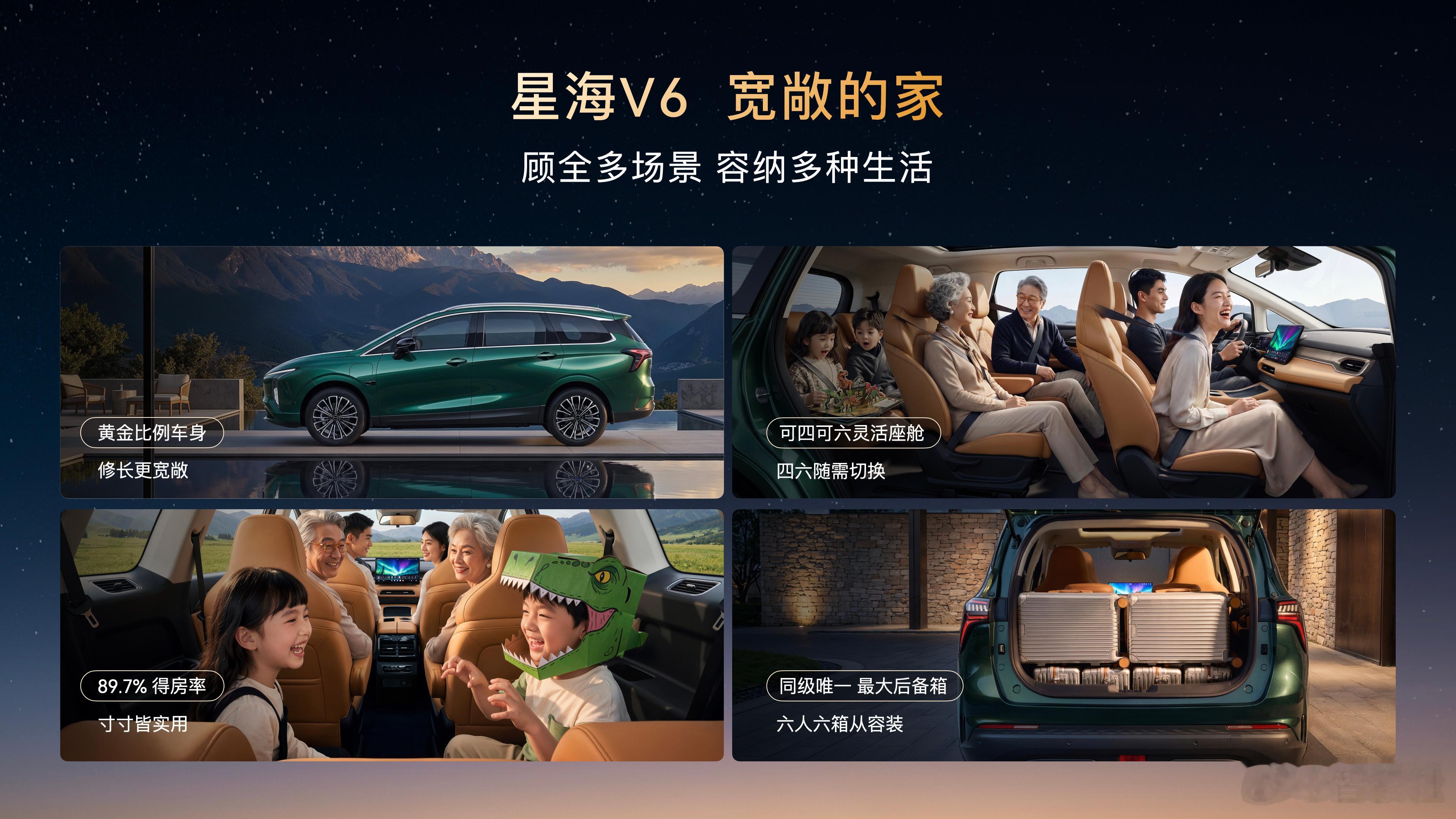 星海V6家里第一台华系大六座星海V6上市高端智驾迈入10万时代星海V6华为乾崑星海V6正式上市，9.99万起！将华为乾崑高端智驾下放到10万价位。华系大六座SUV，宽敞空间适配全家出行，智能与家用属性一步到位，想买家用大六座的可以关注～ ​​​