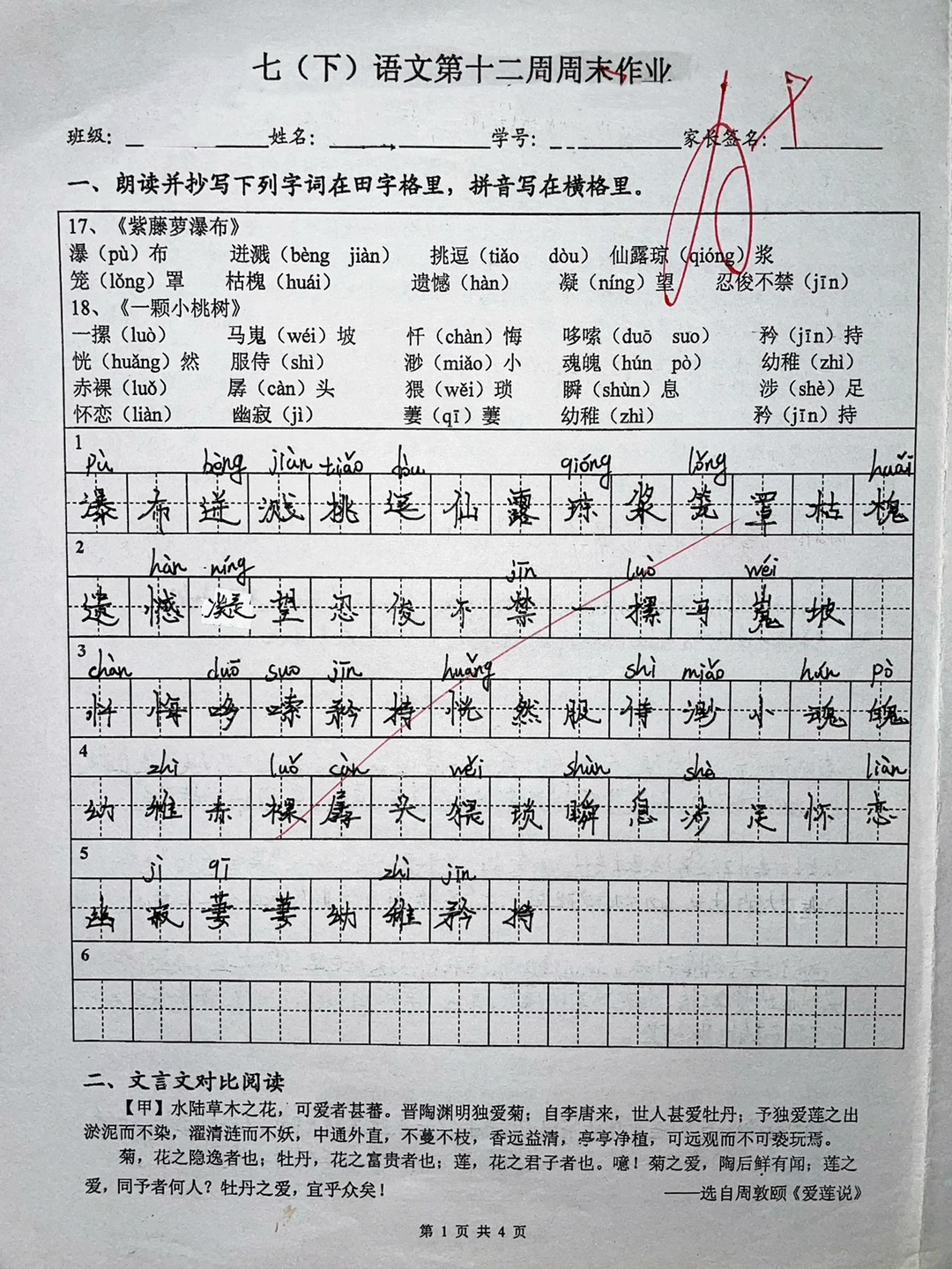七年级下册语文第十二周基础知识测试