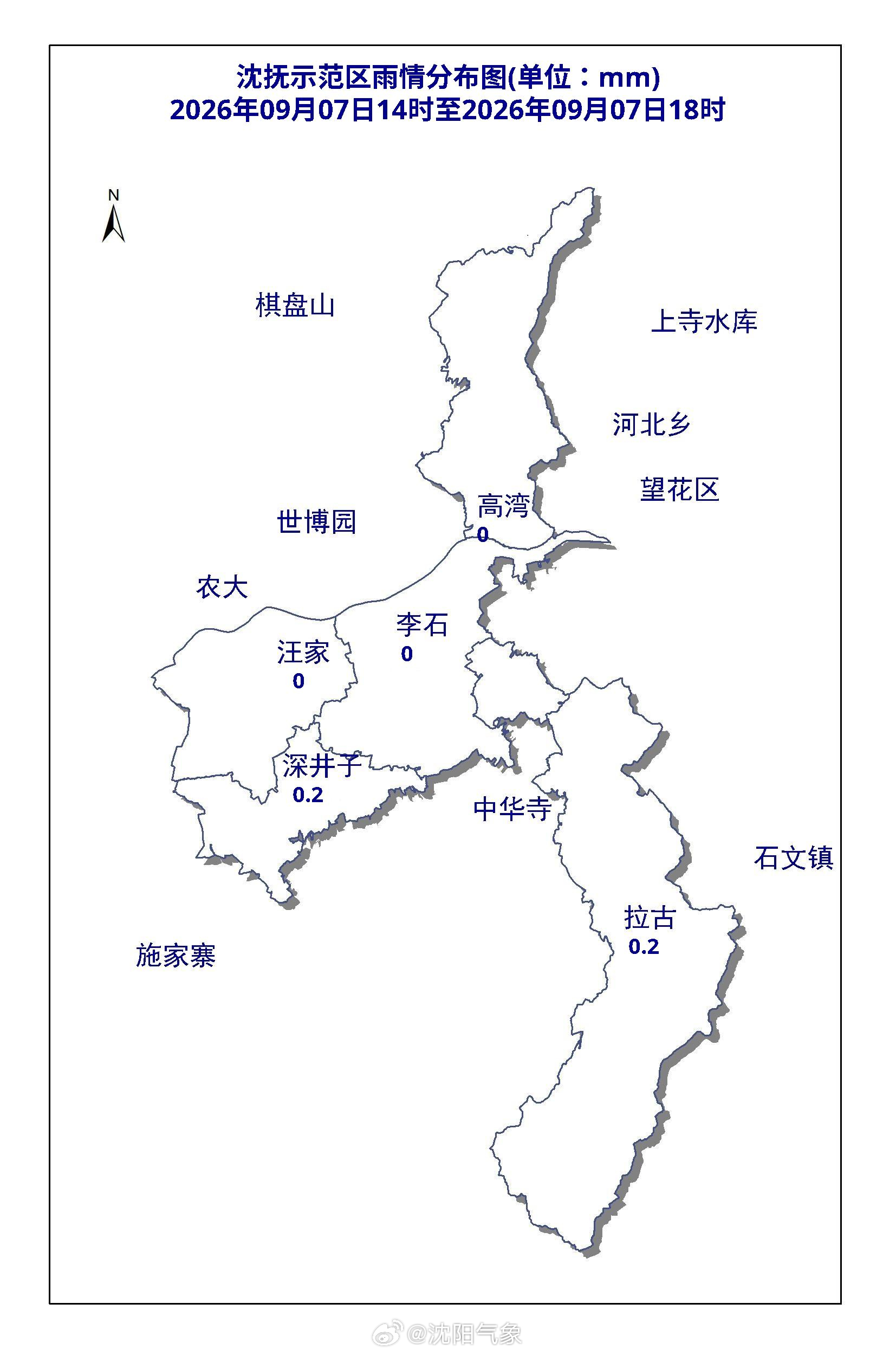 一、天气实况
目前沈抚示范区降水基本结束。9月7日14时至18时雨情(mm):沈抚示范区平均降水量0.1，最大值0.2(深井子)，最大小时降水量0.2(沈抚示范区深井子，13时52分至14时52分)；深井子0.2、拉古0.2、高湾中学0、李石0、汪家0。
二、天气预报
预计7日夜间沈抚示范区多云，东北风3～4级，最低气温13℃ ​