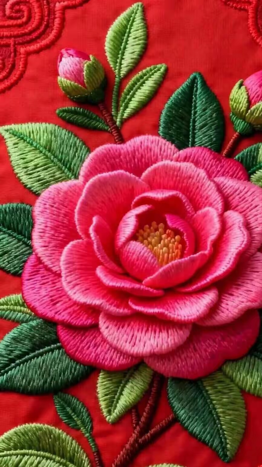 这朵粉花绣得真漂亮！中国剌绣