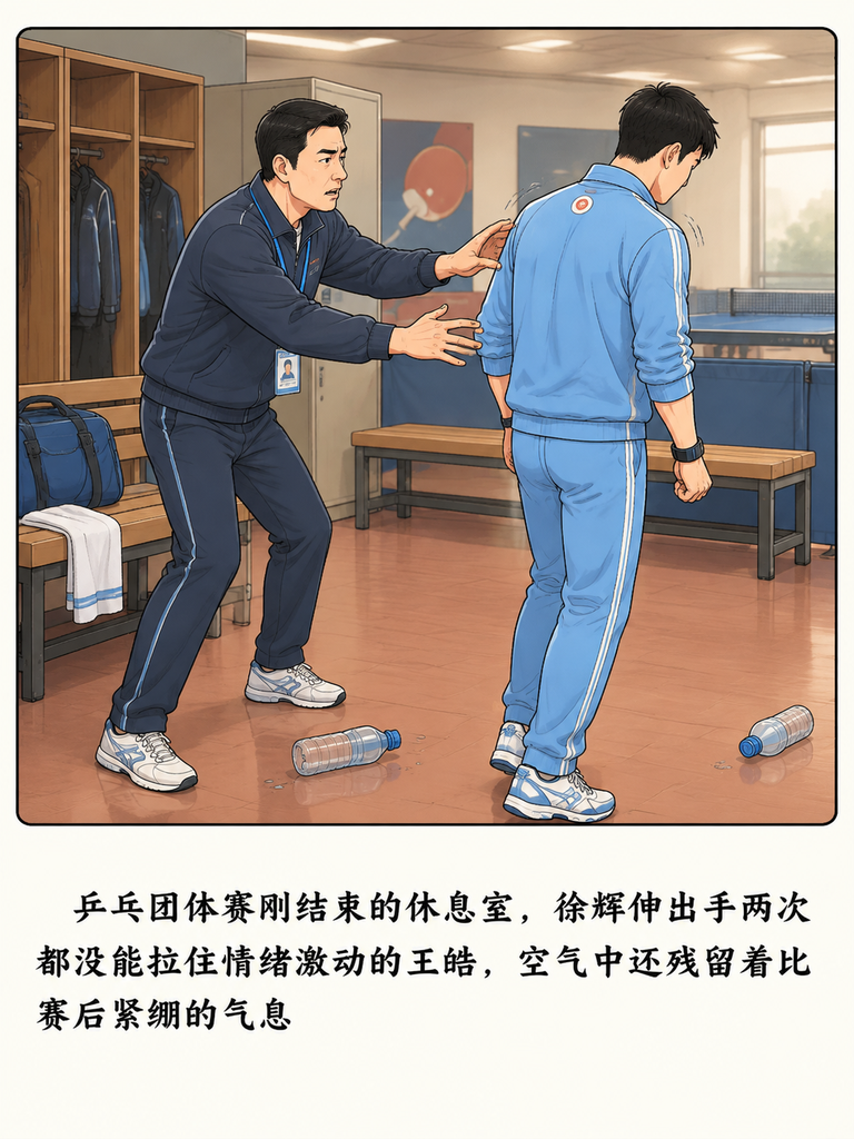 徐辉两次伸手，愣是没拉住情绪失控的王皓。

下午的王皓，激动到谁劝都没用。

其实刘国梁王励勤马琳也被球迷骂过，以前乒乓球队输球，球迷喊换帅只是部分人的呼吁，大可不必较真。

可为啥这次王皓的反应会这么大？

更糟的是，男团现在藏着俩要命的状况二三号位不稳，一号伤病反复，要怎么先把这乱局理顺？