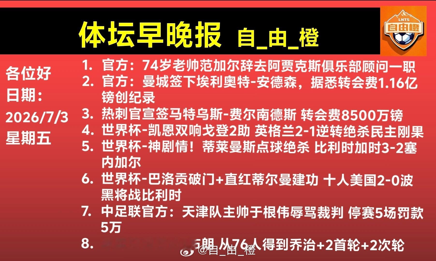 🌐《自由橙足球早报》 07.03 周五➭西班牙3-0奥地利晋级十六强...
