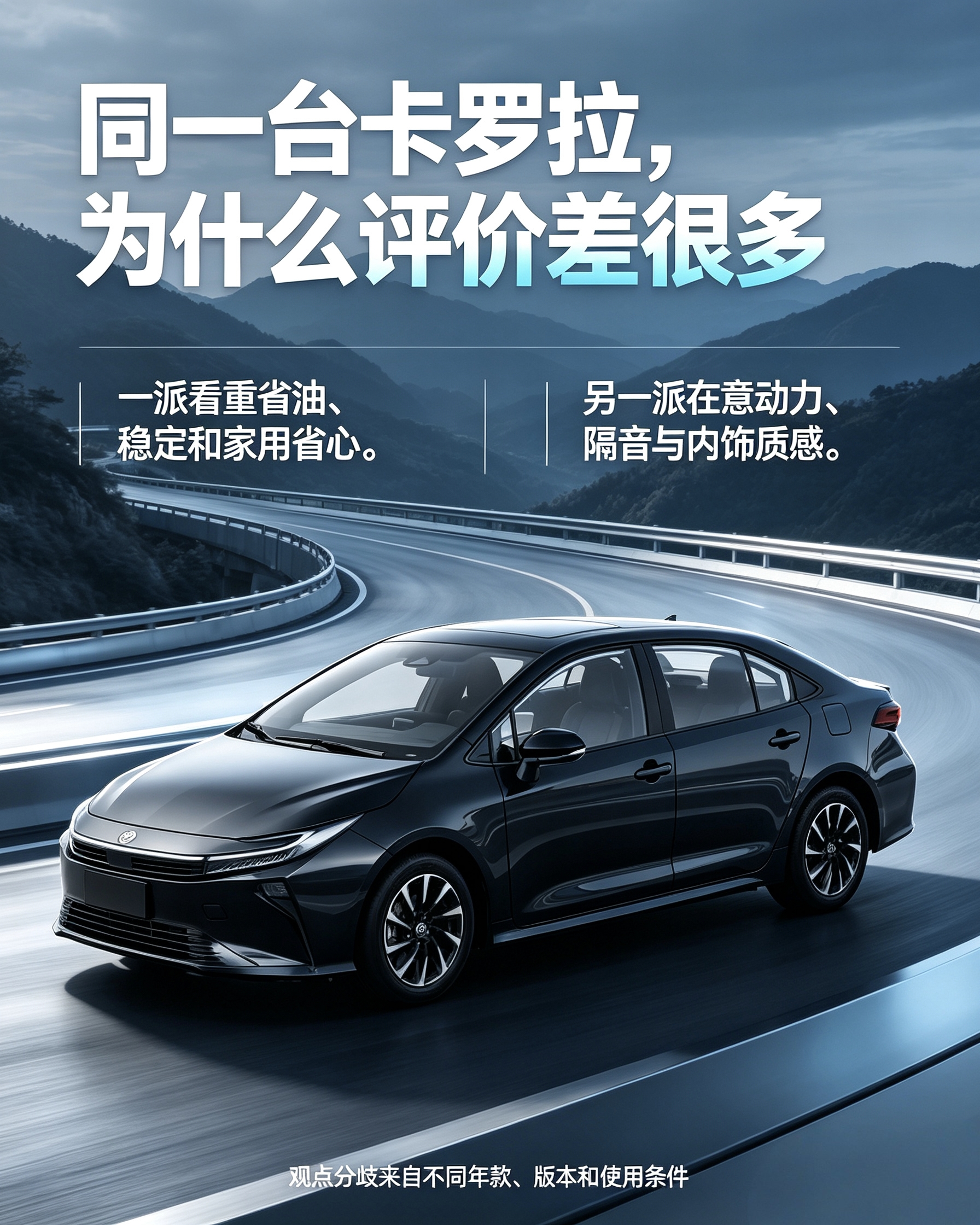 卡罗拉：很多人对这车评价两极分化。看重省油省心的觉得家用很合适；追求动力、隔音质感的，就会觉得差点意思。买车看自己需求，不同版本开起来差别不小。【来自懂车帝车友圈】