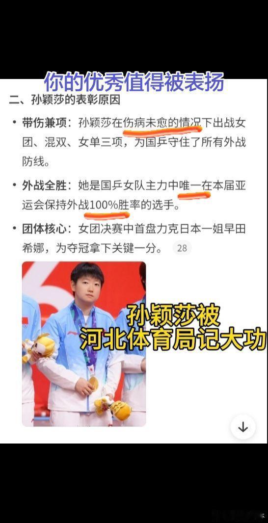 #孙颖莎再获记大功#沉甸甸的记大功荣誉，背后是日复一日的汗水打磨。她在赛场上沉着坚韧，用一次次佳绩诠释热爱，也让我们看到国乒精神代代延续的力量。 ​