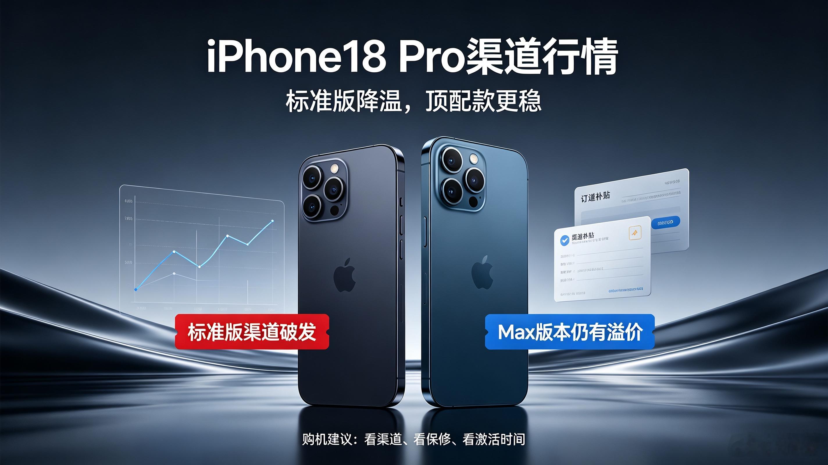 讲个有意思的行情，iPhone18 Pro标准版渠道已经破发。256G第三方叠加补贴后，比官网便宜大几百，现货不用抢，黄牛回收报价也接近官网，利润空间基本没了。

对比反差很明显，Pro Max热门配色依旧小幅溢价，大伙现在更愿意加预算上大屏顶配。这次涨价一千之后，普通Pro的升级感知不强，不少用户觉得性价 ​