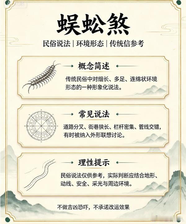 住宅风水知识蜈蚣煞住宅周围有很多电线、天线、铁丝等；或者门窗看见外墙上有很多分支的水管等，即为蜈蚣煞。犯之不利健康。化解方法：（1）以一对开光铜金鸡，鸡嘴朝向煞方。宅外电线多而杂乱宅外电线多而杂乱，此为明堂不清爽，会影响运势，犯之招小人，心情烦闷。如果电线成虫状，即为蜈蚣煞，犯之不利健康。化解方法：（1）挂放山海镇或者九宫八卦镜，朝向煞方。（2）如果成虫状为蜈蚣煞，需加一对开光铜金鸡，鸡嘴朝向煞方。
