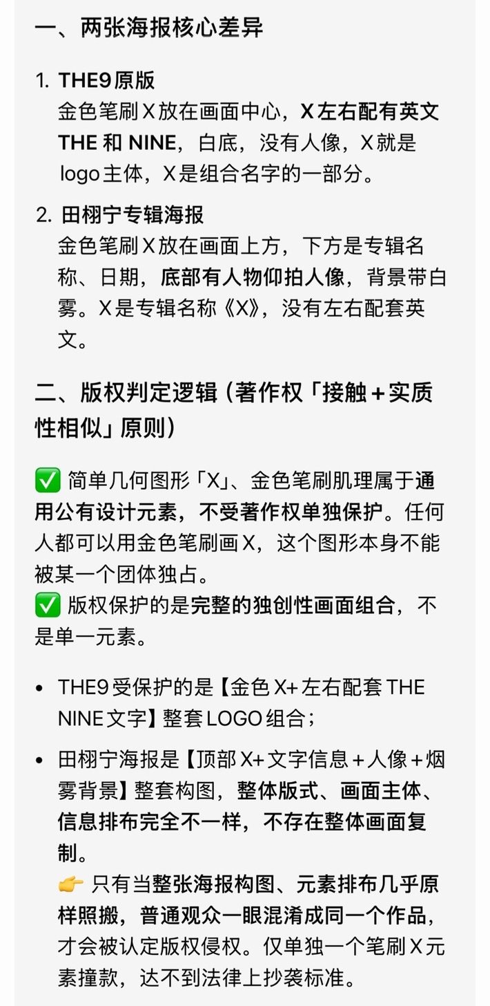#田栩宁专辑海报被指抄袭THE9#
从版权规则来看，金色笔刷X属于通用设计元素，不能独家占有。

两张海报的整体构图、画面主体、文字排版完全不同。THE9是单一图形，田栩宁海报是专辑封面，搭配人像与烟雾背景。

单一元素撞款不等于抄袭，不要拿单个图形直接下定论。 ​