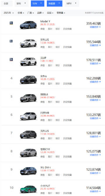 11个月的SUV的新能源销量排名，特斯拉第一，小米YU7排名第十，问界...