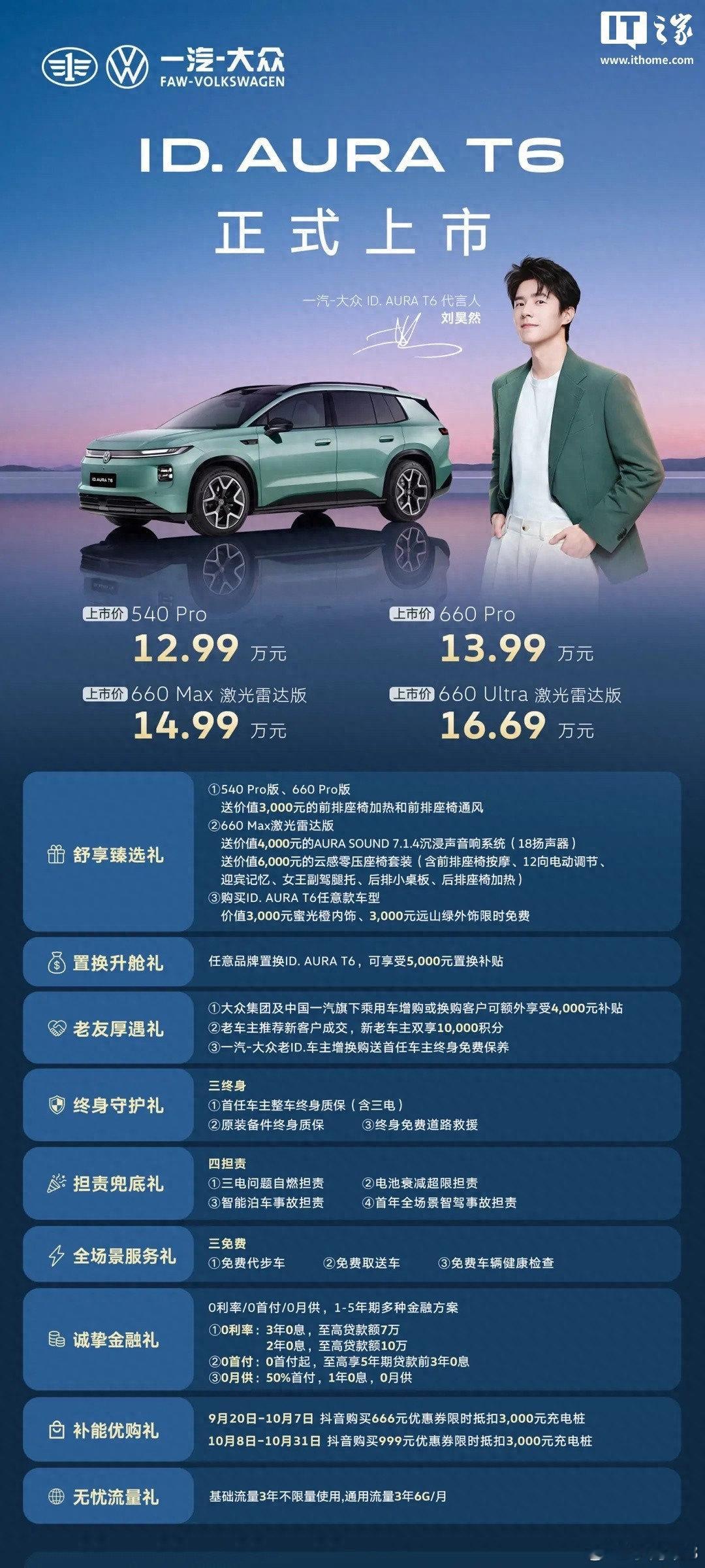 2026 年 9 月 20 日，一汽大众 ID.AURA T6 正式上市，起售价 12.99 万，刘昊然首次代言汽车。刘昊然现身广州上市发布会，带来职业生涯首个汽车代言合作，并且直接入手 ID.AURA T6，成为真实车主。ID.AURA T6 秉持听劝、创新、坚守三大理念，研发重心转向本土，深度倾听国内消费者的真实用车诉求。这款 ​