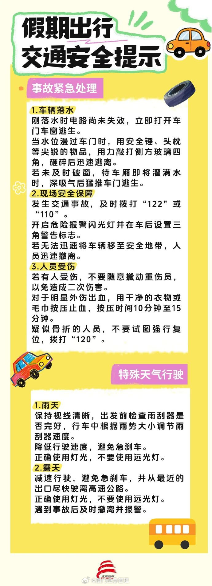 【自驾出游必看安全指南】国庆假期自驾上路，藏着不少 “拦路虎”轮胎、发动机可能 “闹脾气”，高速匝道、隧道里易出状况。不想让突发状况影响假期好心情？从车辆检查到特殊路况应对，这份安全指南手把手教你守住旅途安全！ #高速等5个小时充电车主发声# （图/北京应急） ​​​​