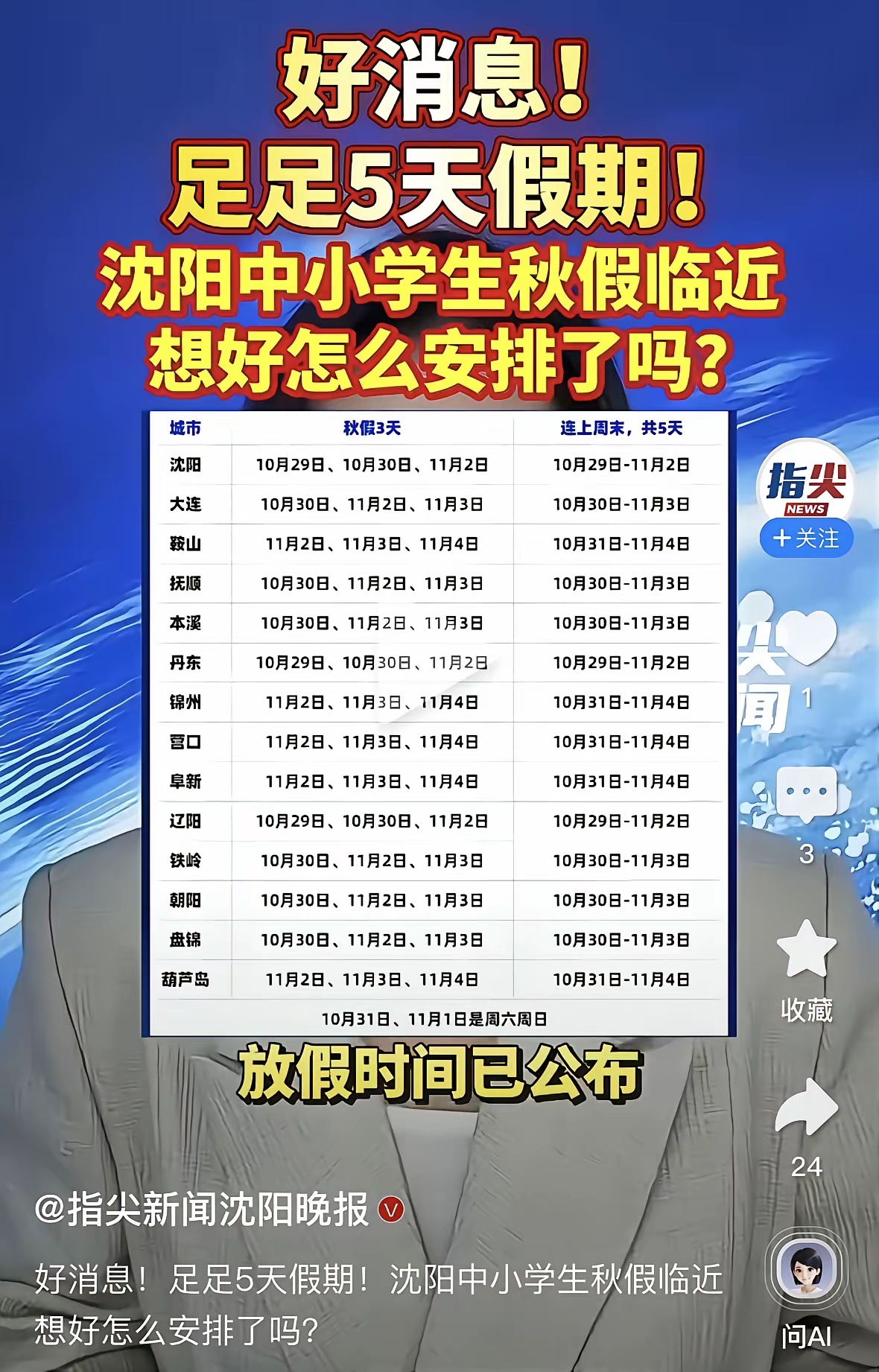 🔥辽宁家长注意！沈阳中小学秋假来啦！
3天秋假+周末连休，足足5天小长假（10.29–11.2）✅
辽宁14市秋假时间表整理好了，大连、鞍山、抚顺、本溪、丹东、锦州…放假日期看图！
 
难得学期中段的长假，不扎堆远行，刚好查漏补缺、弯道超车✨
假期空档也是机会，不少家长已经提前规划孩子的学习安排，一