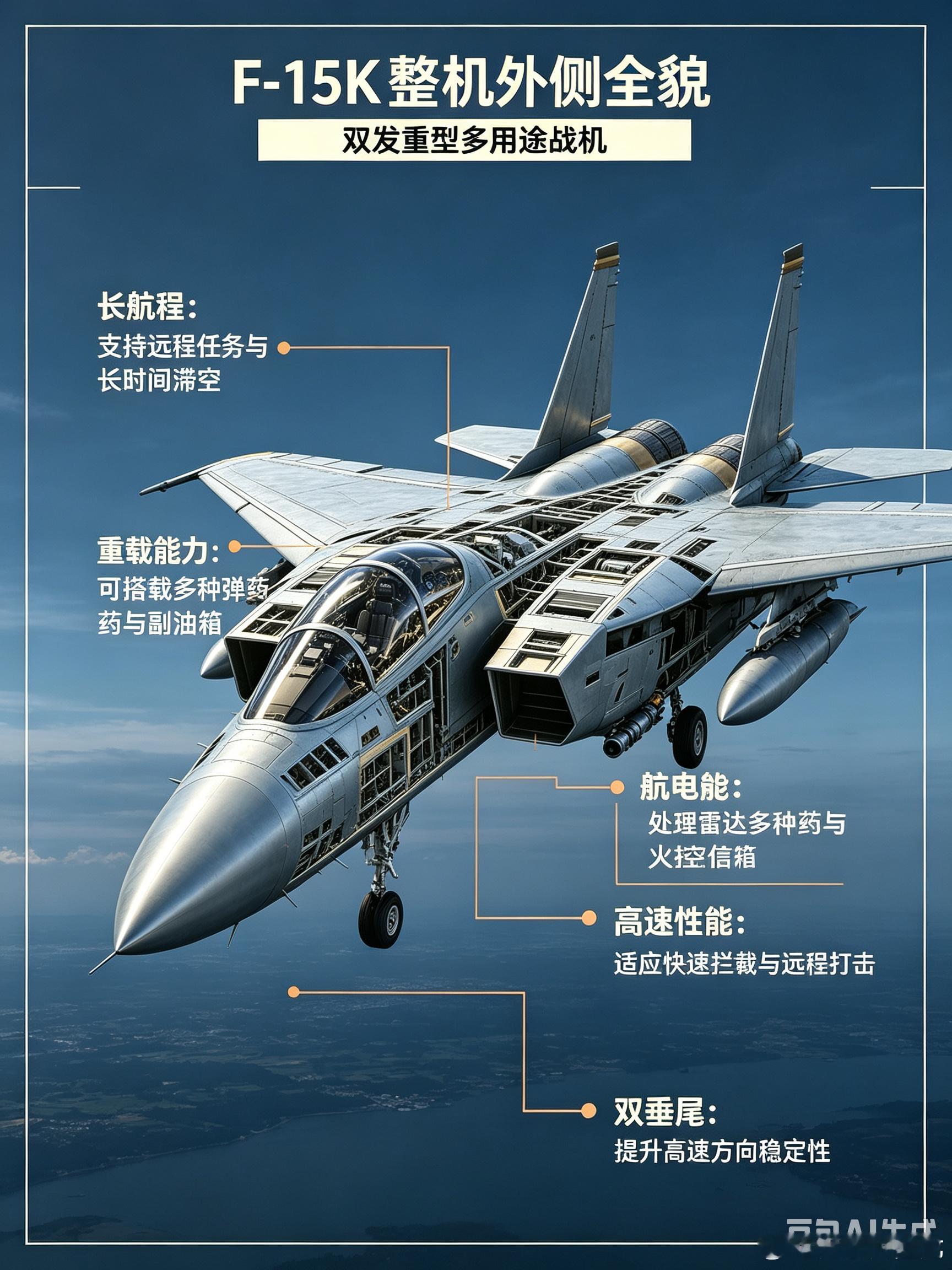 🔥F‑15K重型战机深度拆解｜远程打击的重型空中平台🌐

机队现役共59架，最大载弹量10.4吨，设置15个武器外挂点，可搭载金牛座远程巡航导弹，该导弹最大射程可达500公里，兼顾制空拦截与防区外对地打击 。
 
战机最大飞行速度2.5马赫，无空中加油状态下作战半径可达1800公里，最大起飞重量36.74吨 ​