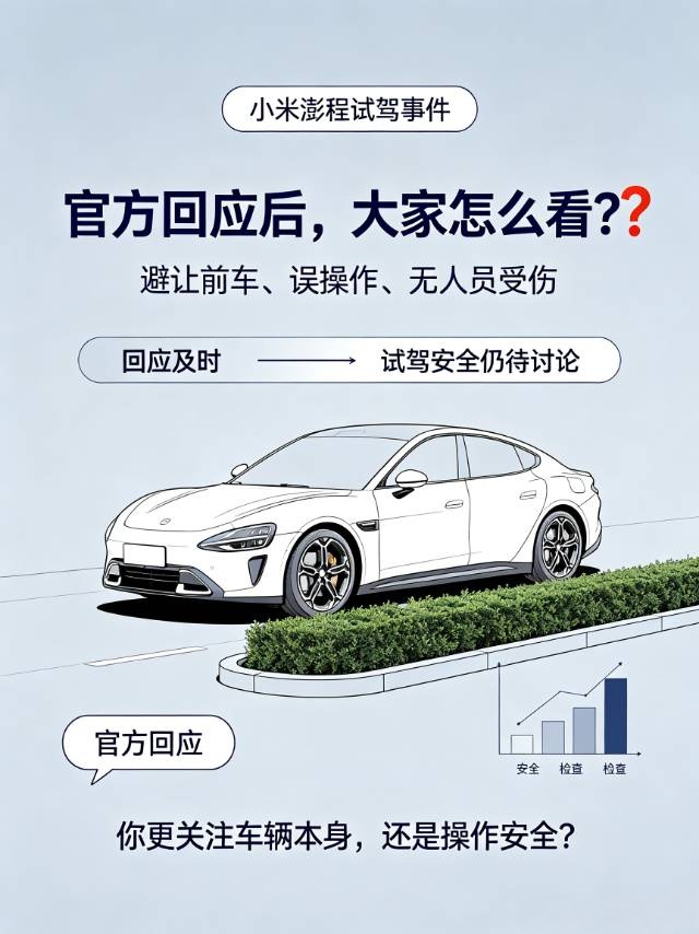 小米澎程试驾冲上绿化带，官方回应后大家怎么看？
 
小米澎程新车上市第二天就出现试驾意外，车辆冲上绿化带。小米官方凌晨作出回应，表示是试驾人员避让前车时太过紧张，误把油门当成刹车，现场没有人员受伤。
 
一部分网友觉得官方回应及时，试驾时紧张误操作属于常见情况，不能直接归罪车辆本身。也