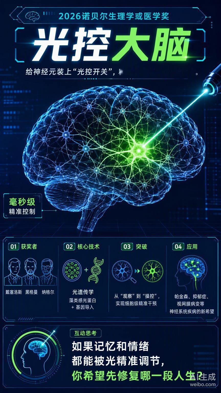 今年的诺贝尔生理学或医学奖颁给了光遗传学，这技术本质上是给大脑装上了一套“光控开关”。

过去研究神经元，像是在黑盒子里盲操，只能观察不能干预。这三位科学家从藻类里找到了感光蛋白，让科学家能用特定波长的光，毫秒级地精准控制神经元的开与关。

这种对生命底层硬件的精准调试，把神经科学从 ​