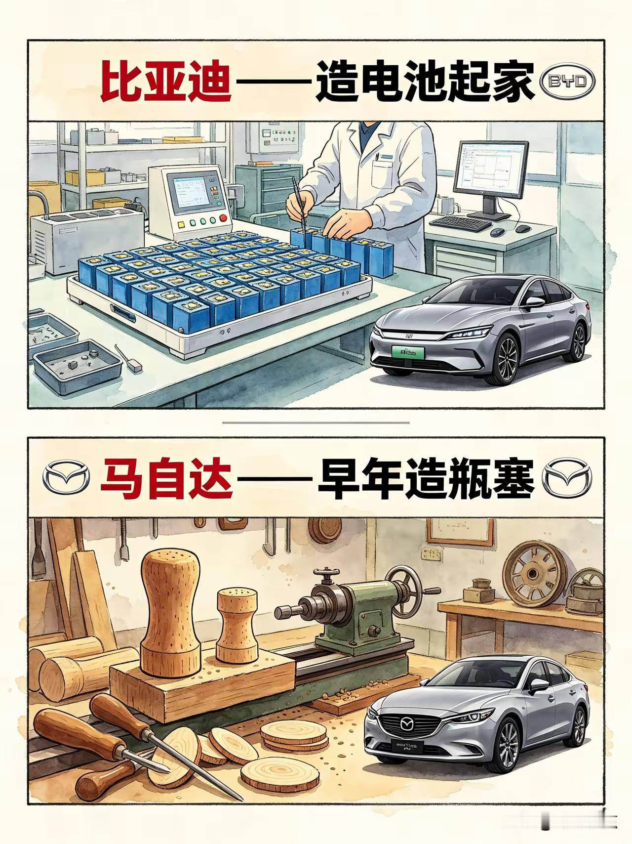 这满大街跑的汽车，原来这些车企以前干的可都是“副业”啊！

就说咱熟悉的比亚迪，现在新能源多牛，人家其实是造电池起家的，这倒还算搭边。可那马自达，早年居然是造瓶塞的！一瓶酒塞个木头疙瘩，摇身一变造轿车了，你说神奇不？

还有那斯柯达，最早是攒自行车的；雪铁龙以前专业造齿轮。宝马你别看现在标叫“蓝天白