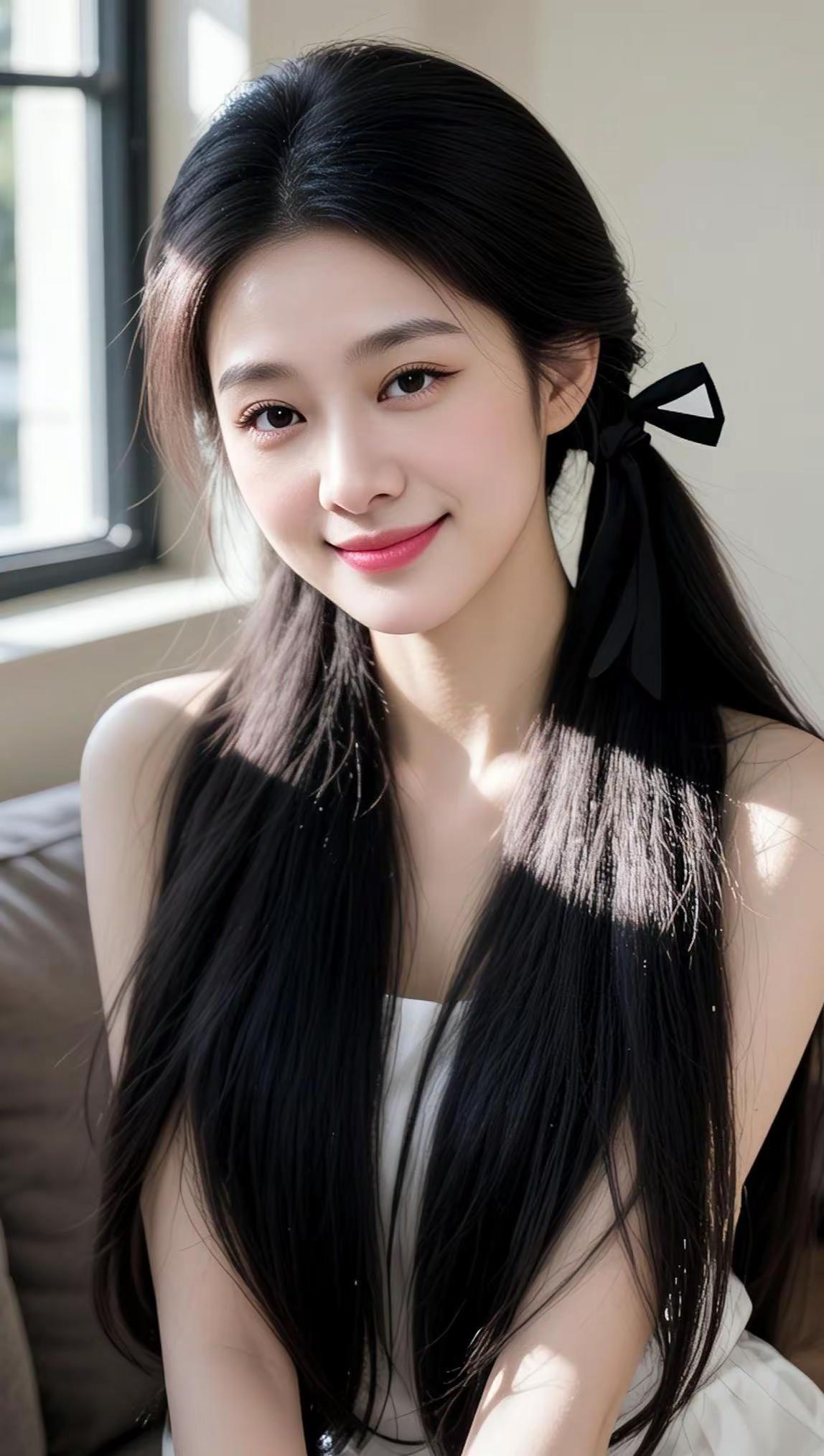 《发梢碰光的午后，甜度刚好》窗边的光刚好落在发梢，今天是黑蝴蝶结限定🎀