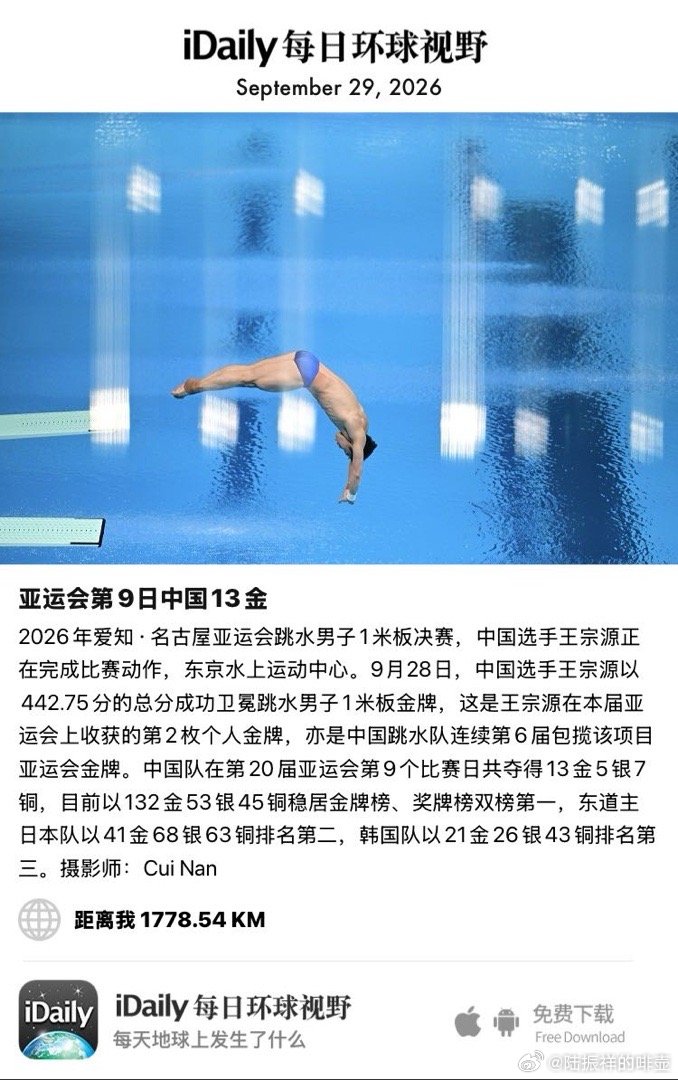 September 29, 2026 - 2026年爱知·名古屋亚运会跳水男子1米板决赛，中国选手王宗源正在完成比赛动作，东京水上运动中心。9月28日，中国选手王宗源以442.75分的总分成功卫冕跳水男子1米板金牌，这是王宗源在本届亚运会上收获的第2枚个人金牌，亦是中国跳水 ​