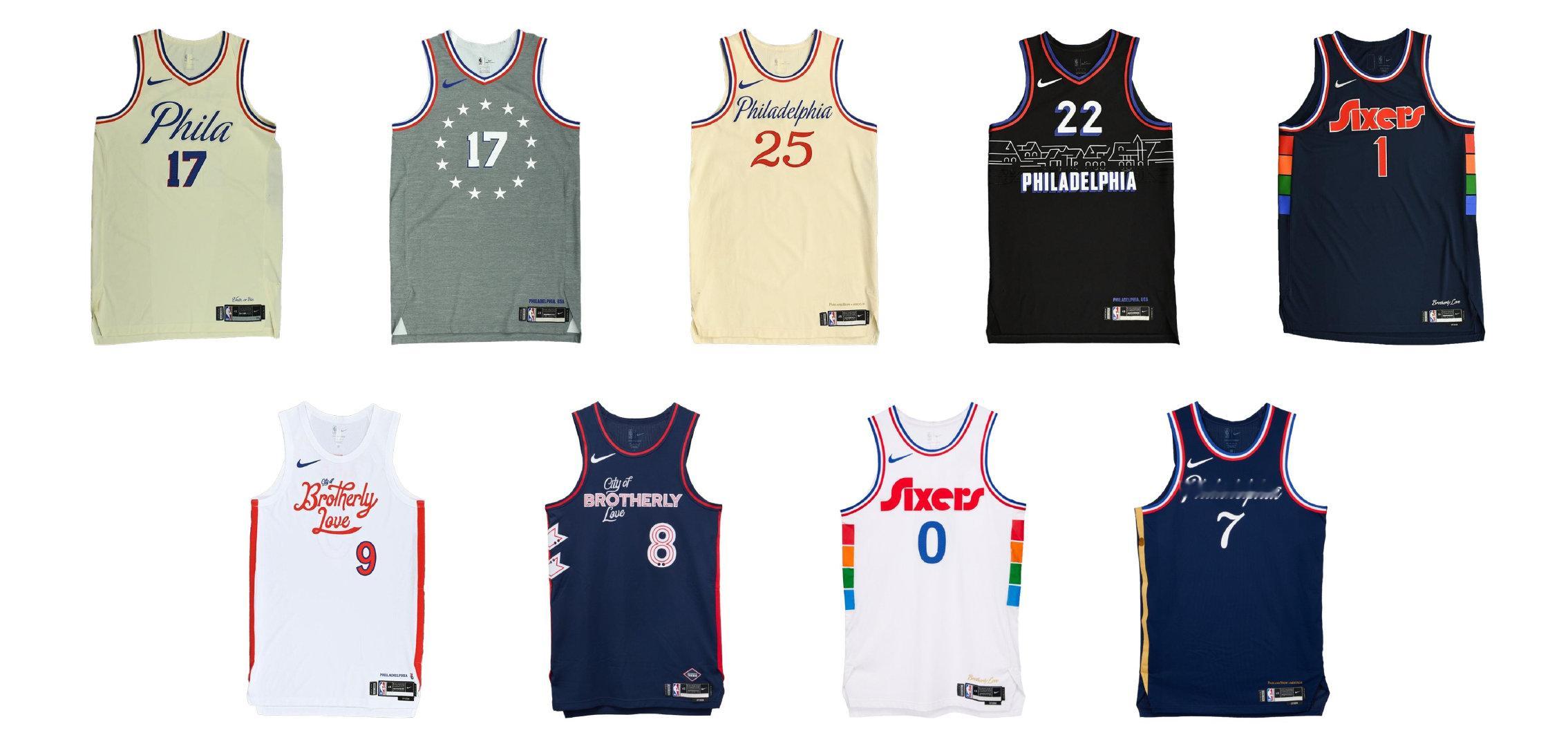 球衣媒体nbaunitracker晒出76人从2017年至2026年间，八件不同的城市版球衣[思考] ​