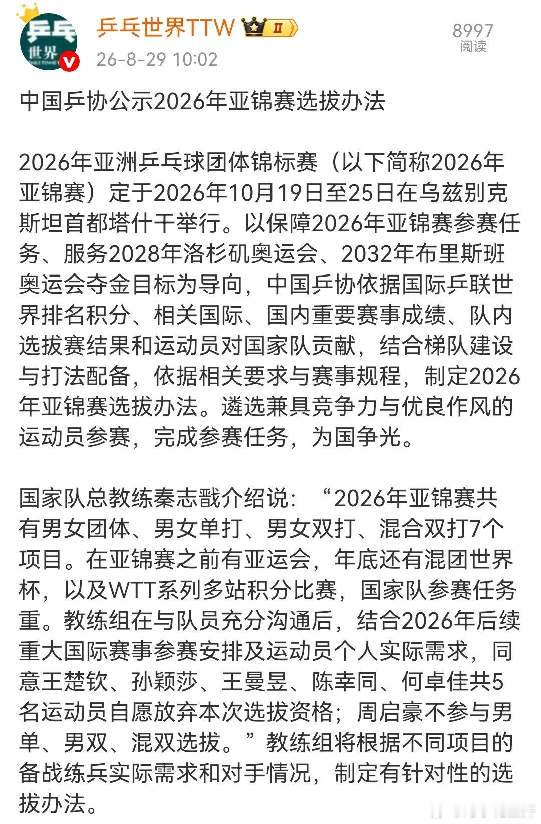 曼昱不打亚锦赛选拔～
宝宝封训顺利💙健康涨球[加油]亚运加油[拳头] 
#王楚钦孙颖莎王曼昱放弃亚锦赛选拔# ​