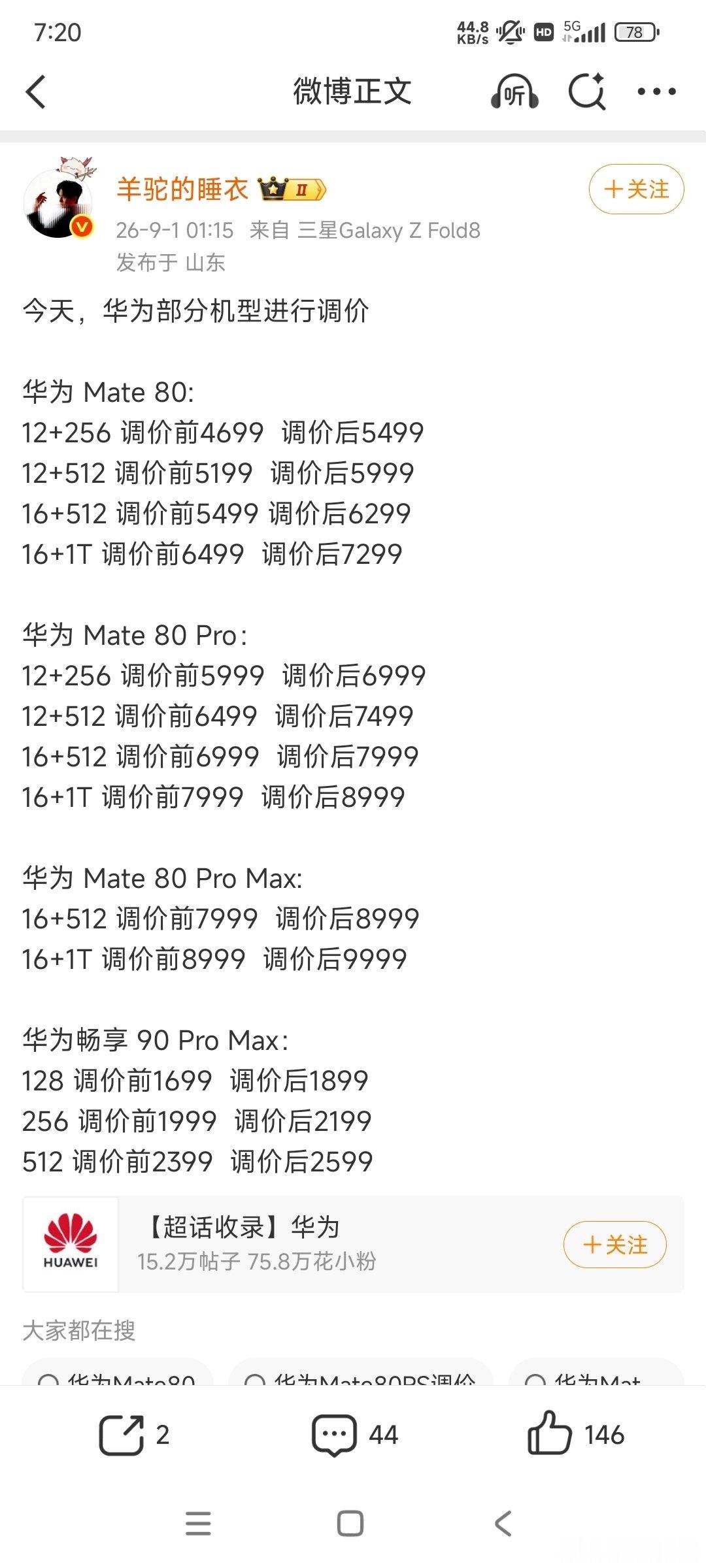 #华为部分机型涨价# 原价4699的mate80标准版，现在要5499了，mate80Pro，mate80PROMAX，畅享90promax都在涨价了#华为手机[超话]# ​