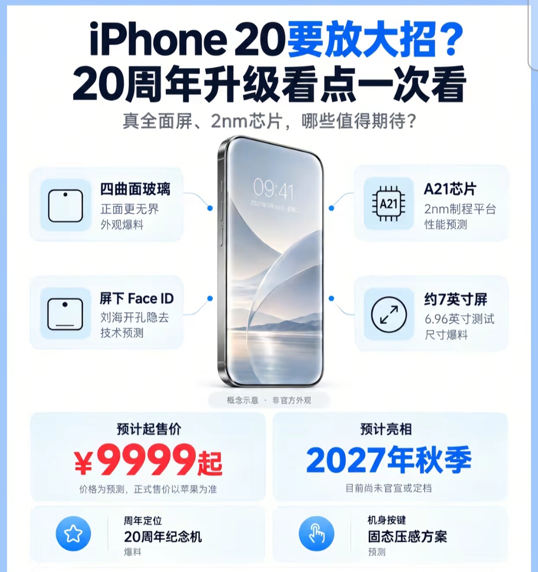 20周年版本改动很大1. iPhone20 20周年纪念机爆料，对比iPhone18 Pro升级在哪
 
如果你现在手里iPhone还能撑，准备等等下一代苹果旗舰。
这款20周年纪念款iPhone 20，网上曝光的升级点，真的很有吸引力。
拿它和已经上市的iPhone 18 Pro放一起对比，差距一