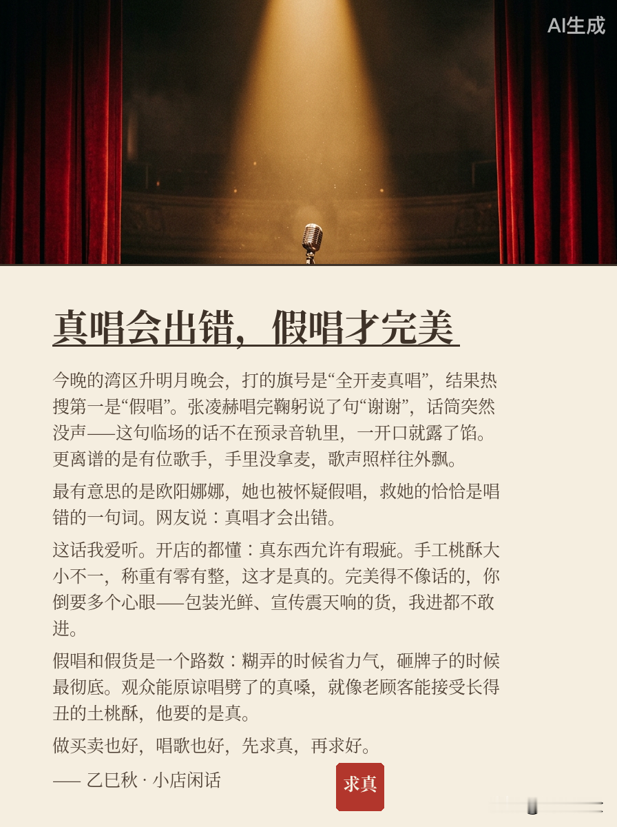 配图做好了 ✅《真唱会出错，假唱才完美》

舞台追光 + 红幕布背景，文章全文排版，右下角&34;求真&34;红印章收尾，和&34;小店闲话&34;系列成套。896×1200 竖版。

⚠️ 今晚热度最高就在这一两个小时，建议尽快发。快手文案标题直接用：**&
