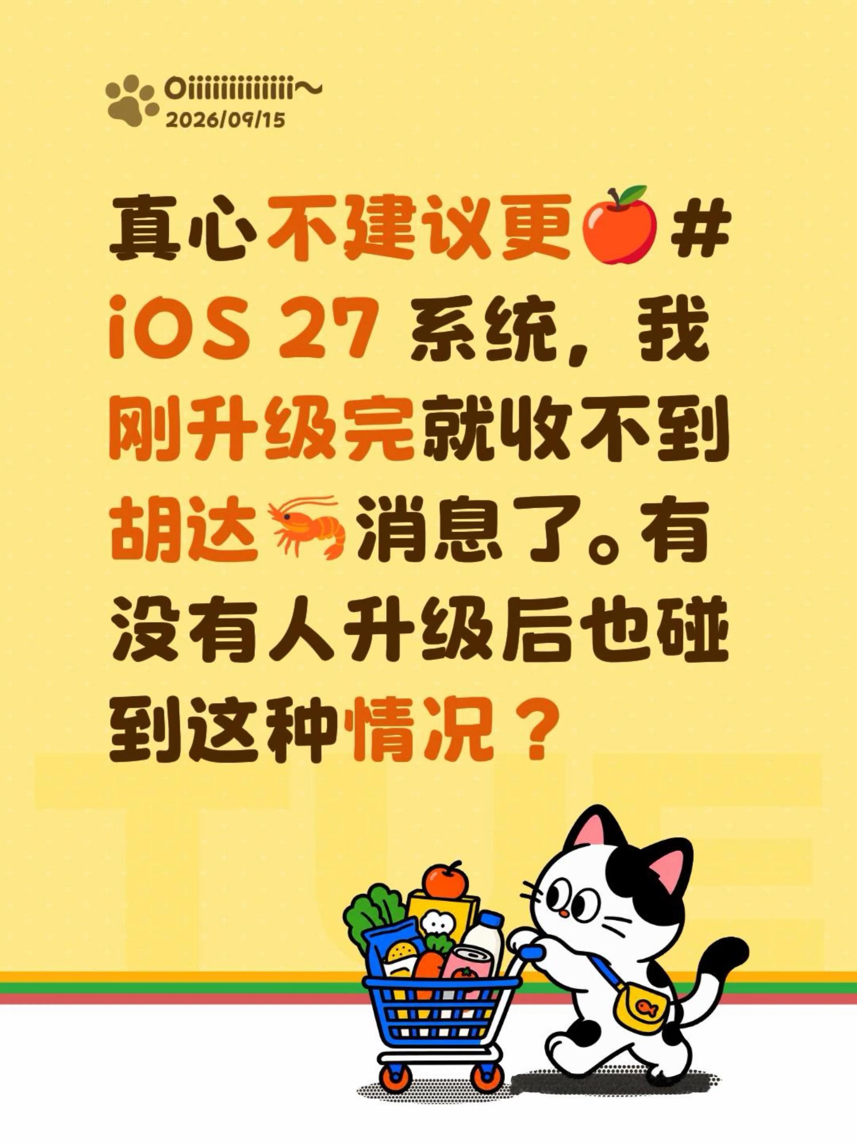 真心不建议更🍎iOS 27 系统，我刚升级完就收不到胡达🦐消息了。有没有人升级后也碰到这种情况？苹果系统更新 系统更新体验