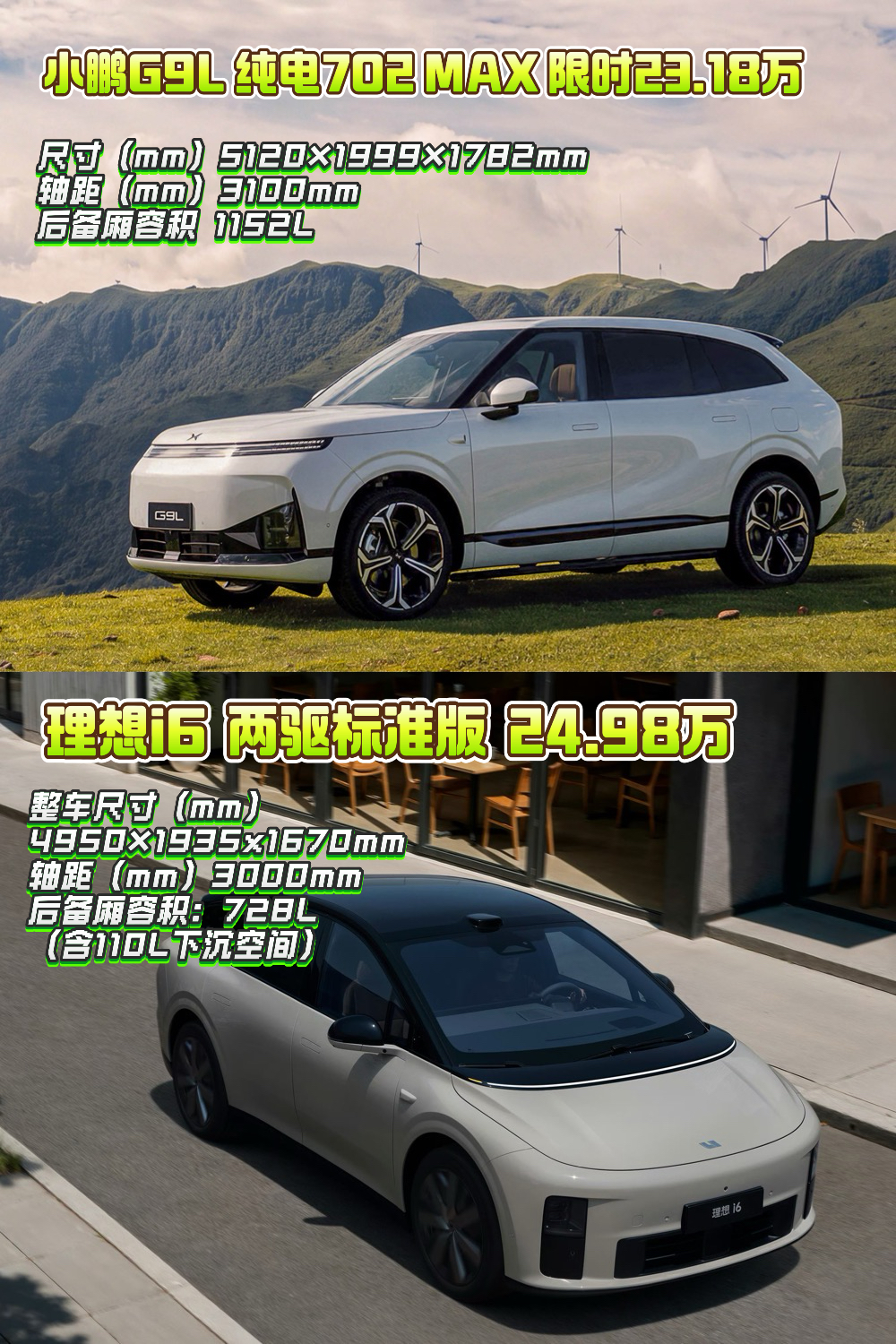 20多万选购大五座纯电SUV，小鹏G9L与理想i6这两台热门车型，你会怎么选？
🌟小鹏G9L限时权益价23.18万
SUV车型车身尺寸更大，空间更大；后备箱空间大
🌟理想i6两驱标准版定价24.98万
续航更好一点，达到720km，电耗很低
底盘方面差异突出，小鹏G9L全系标配双腔空气悬架+后轮转向