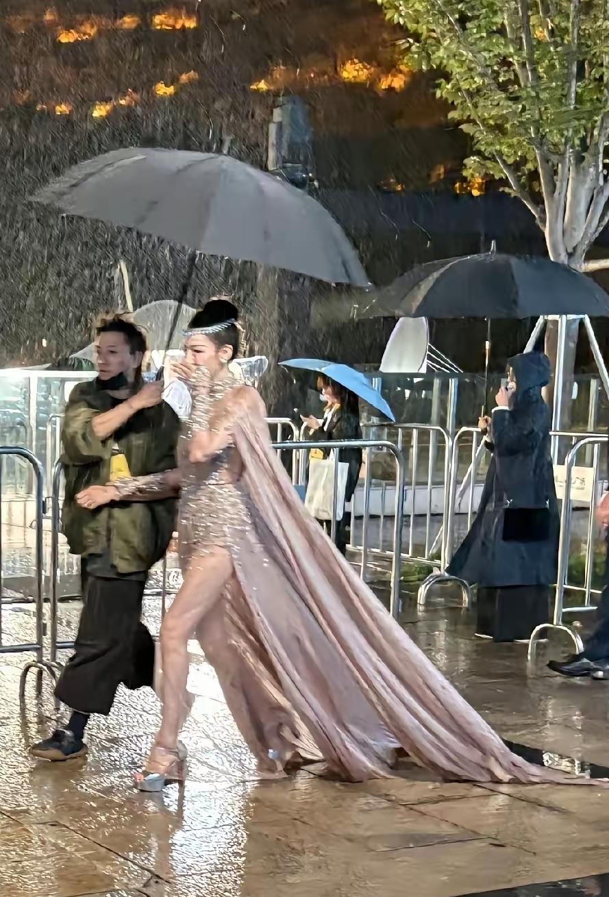 迪丽热巴在VOGUE盛典雨夜红毯上穿Zuhair Murad满钻高定配拖地薄纱披风，脚踩紫色花朵高跟鞋，顶着雨走完了全程。实景是雨真不小，薄纱披风下摆全拖在湿地上，换个人走估计得手忙脚乱，她倒好，中途裙子绊了一下，一秒调整就当没事发生。我得说句实在的，这身造型本身确实有点欺负人，披风厚重、鱼尾裙摆又
