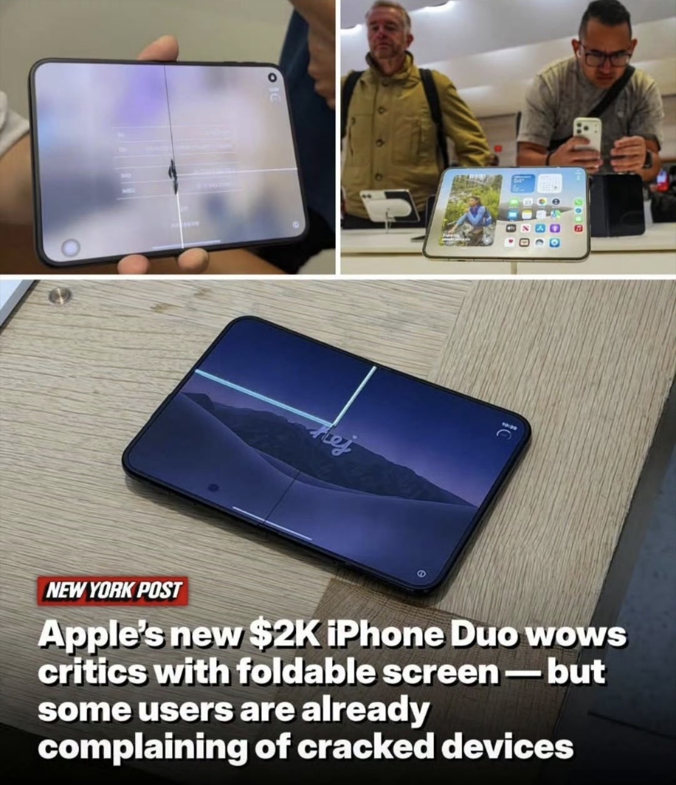 七年前骂华为速成折叠屏的人还在吗？苹果折叠机iPhone Duo首发就翻车！铰链设计缺陷导致屏幕开裂，这确实是个硬伤。

但要我说的话，千万别搞“双标”式点评。想当年某些国产折叠屏首发时，漏光、绿线、铰链异响哪个少了？那时候大伙儿是怎么说的？“国产不易，多给点耐心，技术需要迭代。”怎么一换成苹果，就