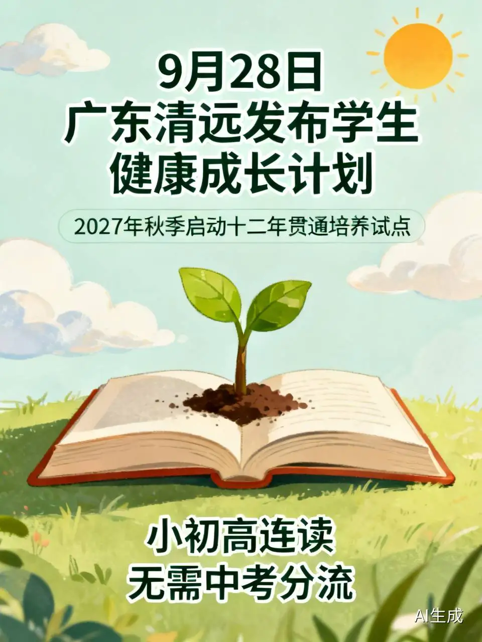 这一次，广东又上大分了！
广东清远出名了，
从2027年秋学期开始，从一年级开始，试点十二年贯通小学，初中，高中！

不用中考分流，减少重复应试考试！不光如此，每天的运动不少于两小时，每周有半天的校外实践！

也有网友说，高中纳入义务教育是趋势，各个地方都在建设新高中，各个名校都在建分校区。。。其实