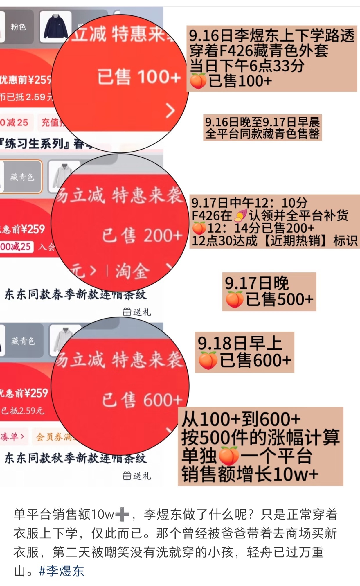 一件衣服，甚至只是同款不是代言，单平台一天就能创造10w➕销量，很多李煜东粉丝晒单，不敢想以后出道了接代言能打出多厉害的战报不过出道太久远又未知了，现在就有一个展现我们实力的机会，10.1咚咚糕点铺三店，东我意思？ ​​​