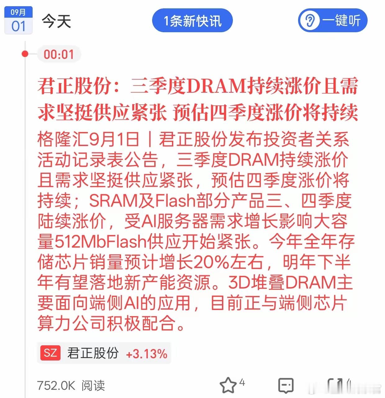存储芯片传来利好！涨价逻辑持续强化
 
行业消息：DRAM三季度保持涨价、供给紧张，涨价趋势有望延续到四季度；SRAM、Flash部分品种同步上调价格。
 
AI服务器拉动大容量闪存需求，端侧AI带动堆叠DRAM增量，全年存储销量预计增长20%，行业景气上行，产业链盈利存在修复预期。
 
⚠️注意：板块前期已有 ​