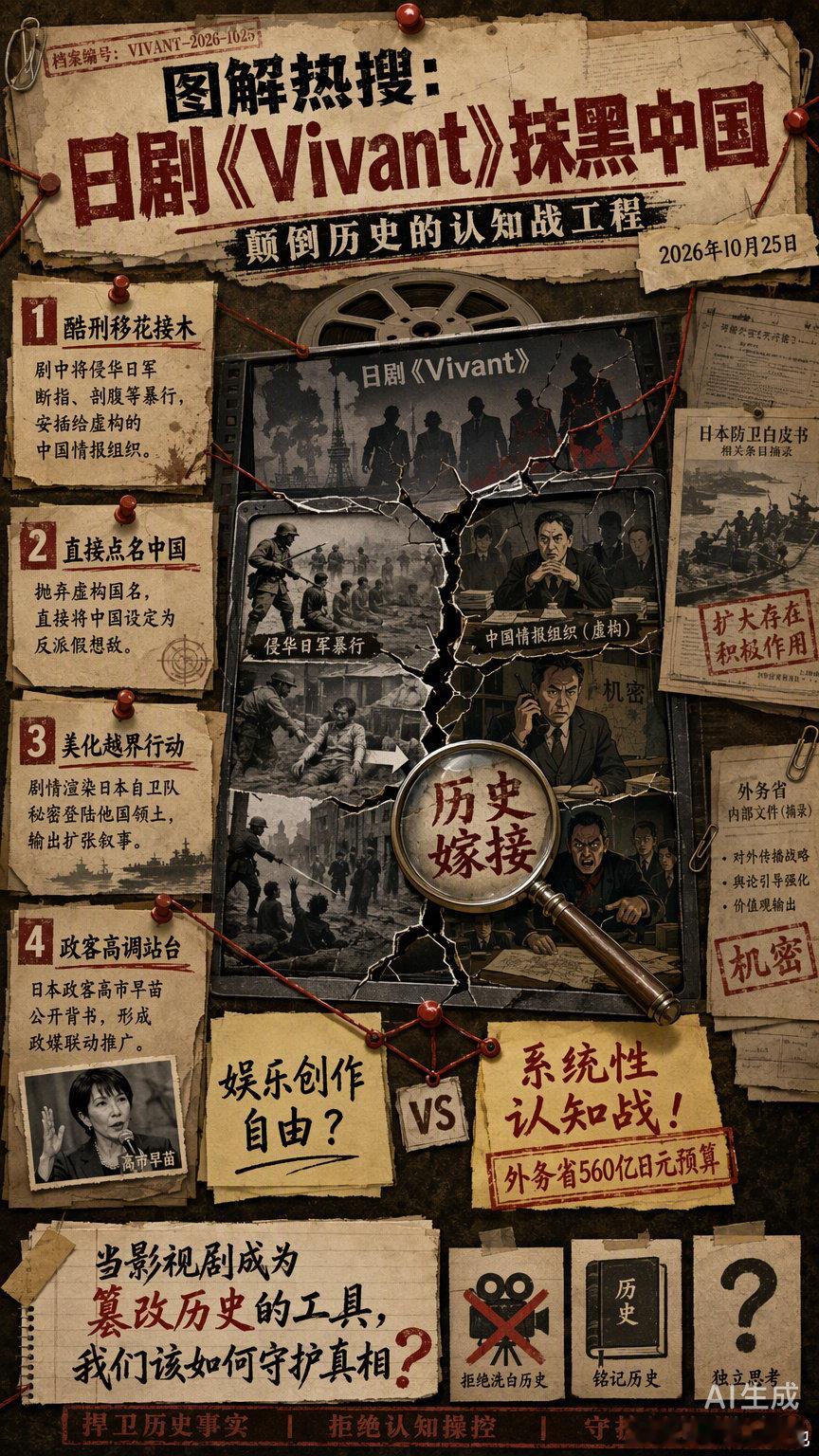 #日剧Vivant抹黑中国# 图解热搜：这部剧到底是怎么颠倒历史的？

日本TBS热播剧《Vivant》第二季被指将侵华日军酷刑嫁祸给现代中国人，这不仅是一场娱乐争议，更是一次精心包装的认知战。 ​