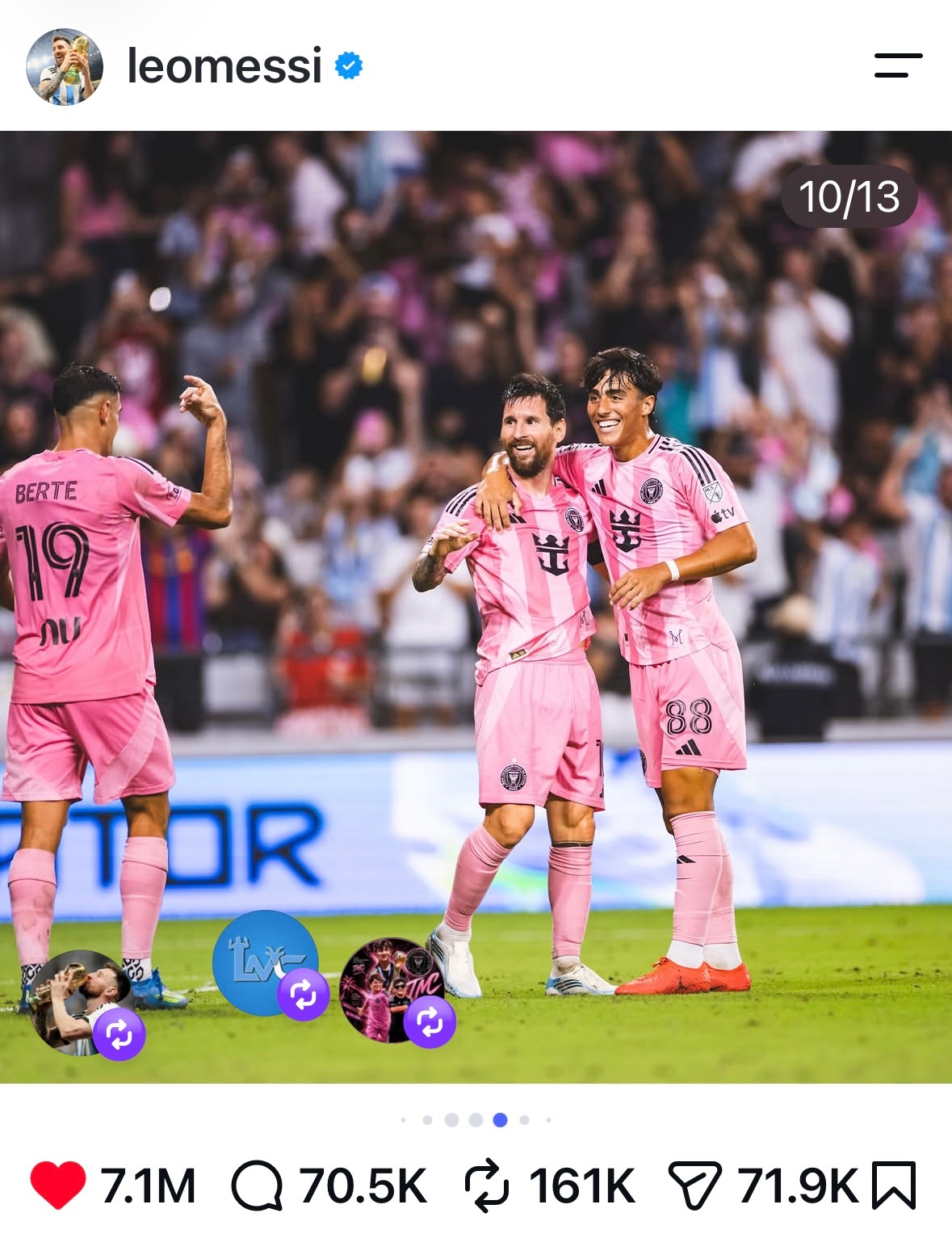 迈阿密给梅西2024年MLS MVP的庆祝还蛮梦幻的。

当时俱乐部没有提前告诉他，而是让250多名迈阿密青训小球员在球场上排成“MVP”三个字，梅西被骗过去才发现，一堆小孩站成MVP，在字母V的最下面等着他的，是拿着他MVP奖杯的Thiago还有Mateo和Ciro两个小宝。

迈阿密还选了6个青训小孩对他说为什么“梅西 ​